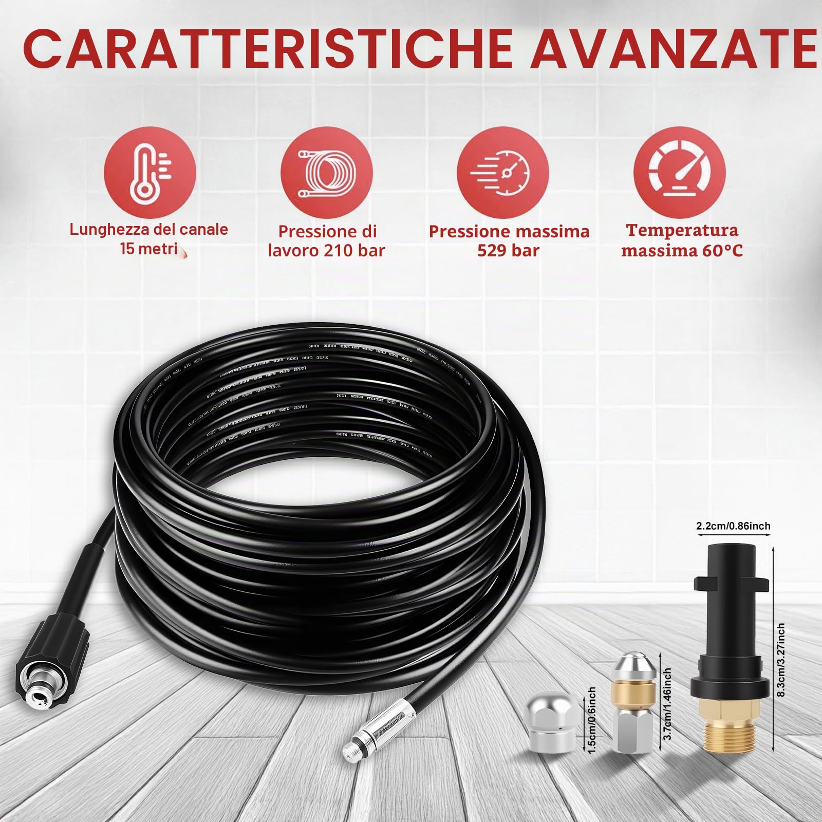 Tubo di sbocco 15 m per tubo con 3 adattatori e 2 ugelli | Tubo flessibile ad alta pressione per Karcher e Lavor, pulitore antitappo, adatto per canalizzazioni, condotti e scarichi