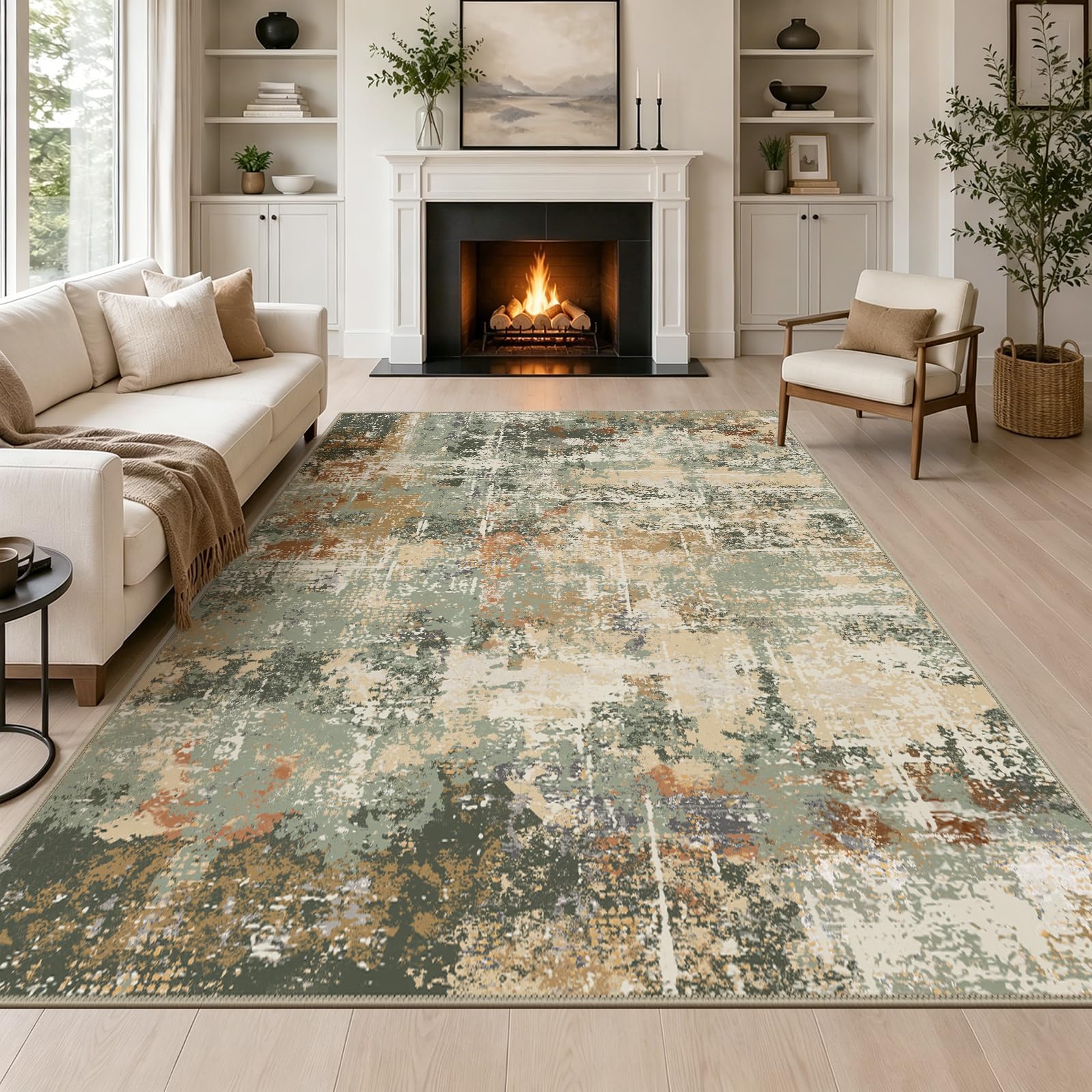Capslpad 160x230cm Large Modern Abstract Rugs Living Room Non-slip Area Rug Short Pile Faux Wool Bedroom Carpet Lightweight Washable Minimalist Floor Carpet for Indoor Home Office Decor, Dusty Sage