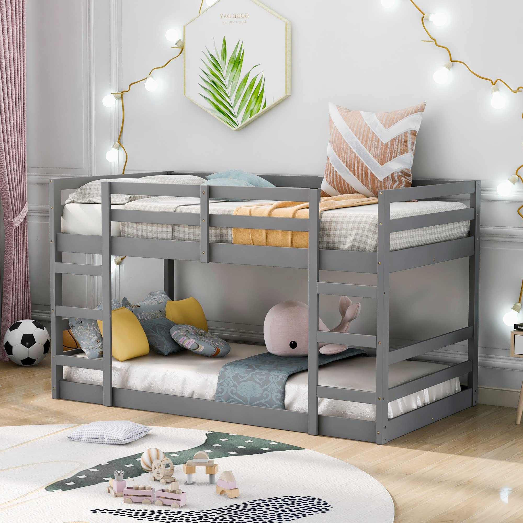 ZJIAH Twin Over Twin Floor Bunk Bed w Ladder, Safety Guard Rails, 400LBS Wooden Twin Bunk Beds for Teens/Adults, Solid Wood Low Bunk Bed Frame Bedroom Furniture, No Spring Box Required, Gray