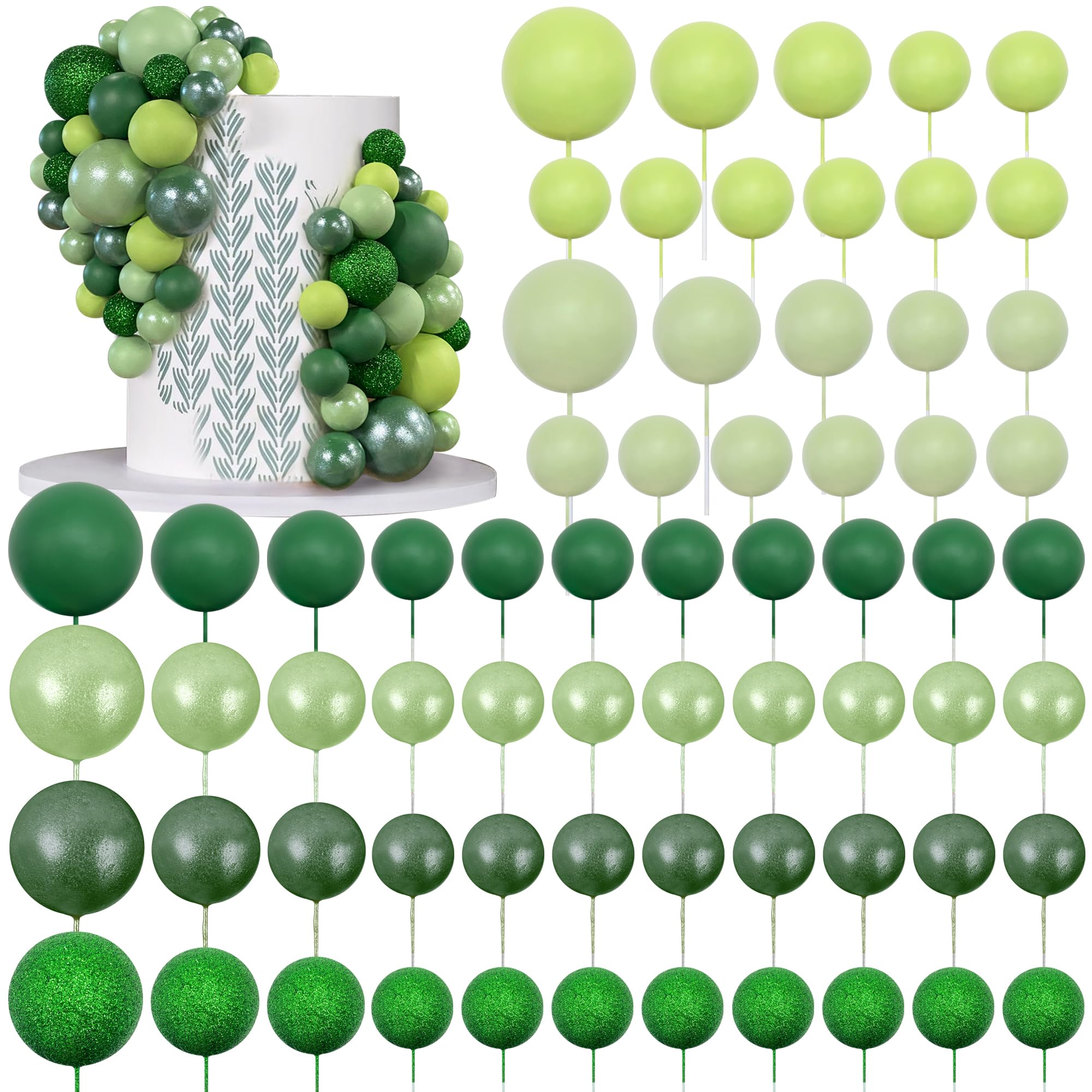 66 PCS Colorful Ball Cake Picks for Cake Decoration Green Series with 6 Vibrant Colors Pearl Ball Shaped Cupcake Toppers for Birthday Party and