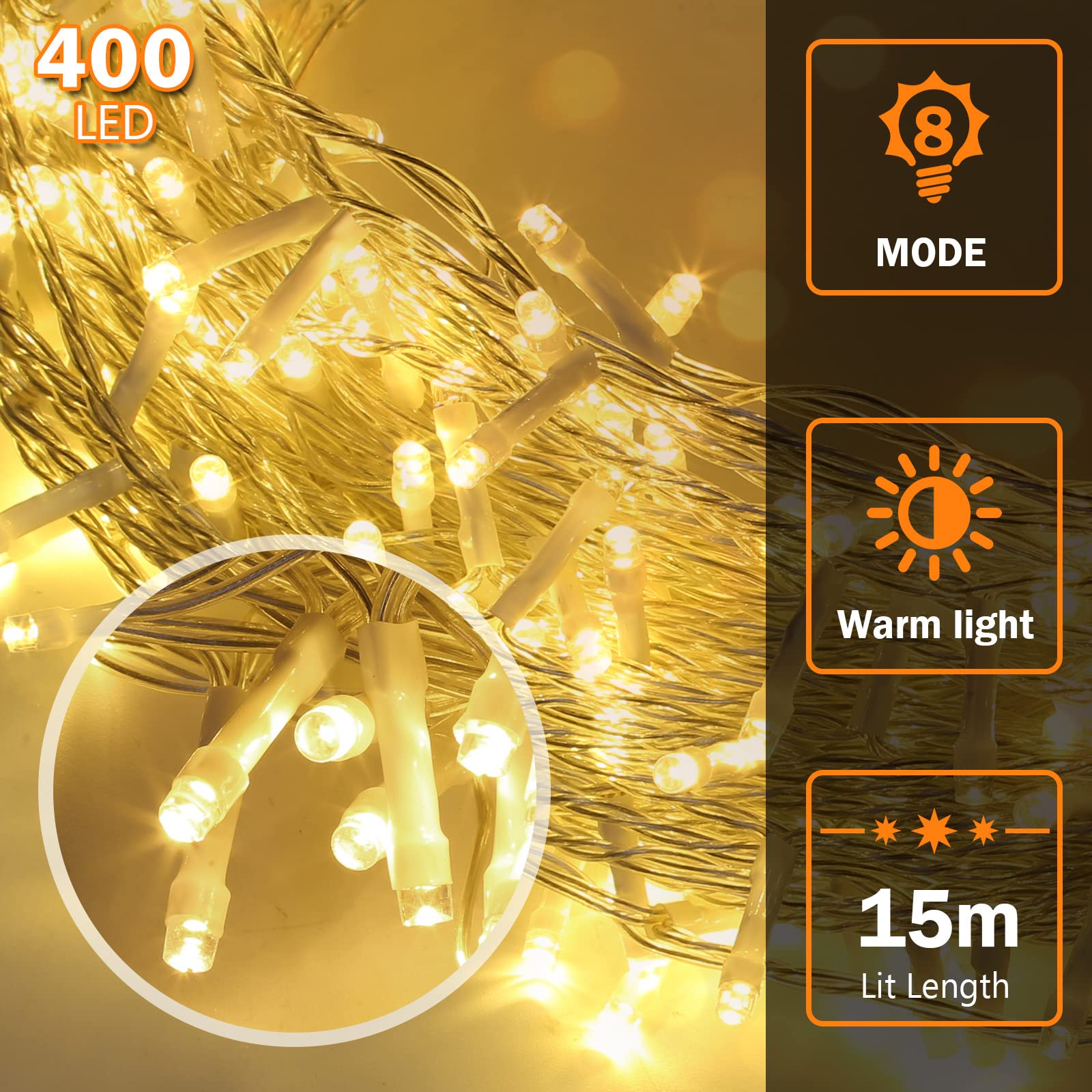 Ikodm Łańcuch świetlny na zewnątrz, 400 diod LED, kurtyna świetlna, 10 m, IP44, 8 trybów pracy, do sypialni, na wesele, Boże Narodzenie, imprezę, ciepła biel