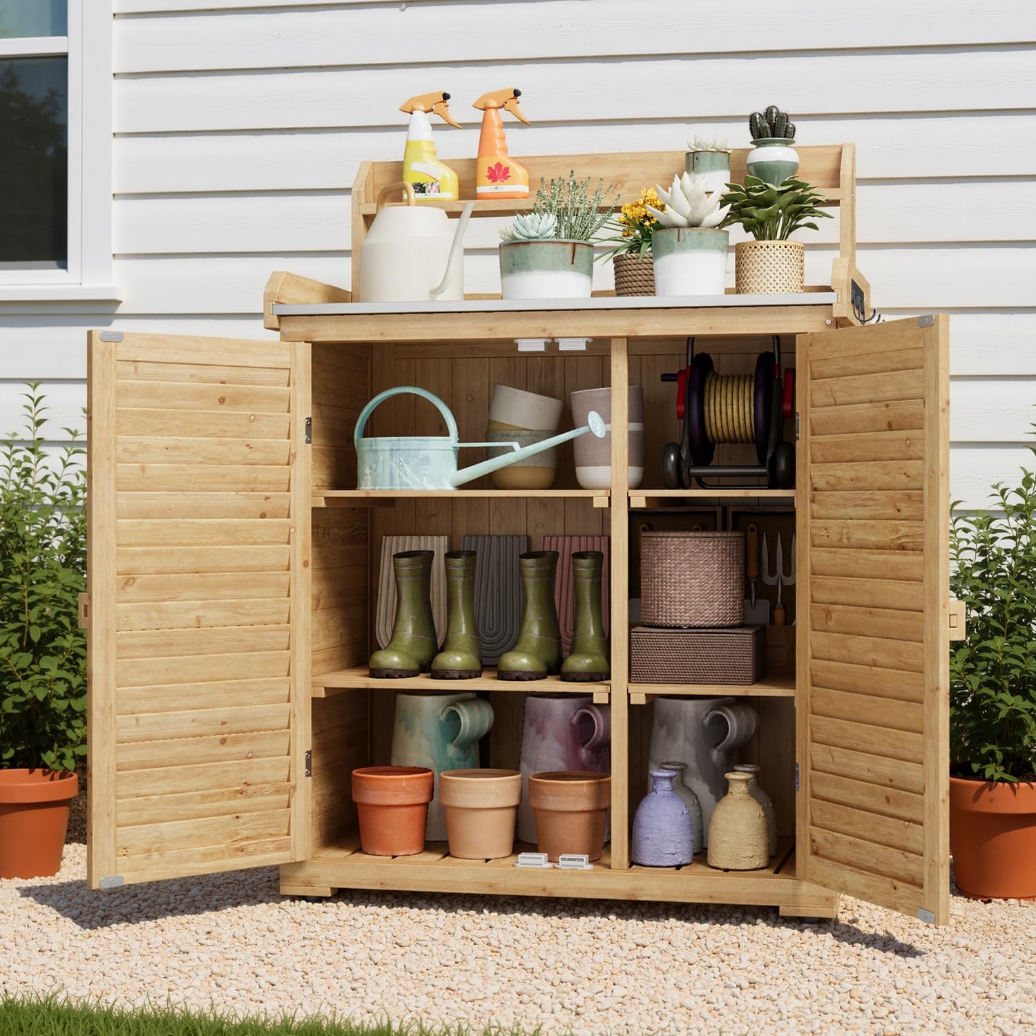 Table de Rempotage Extérieure,Table de Jardinage, Double Porte, avec Crochet, pour Jardin, Balcon, Terrasse, 88x45x120 cm,Naturelle