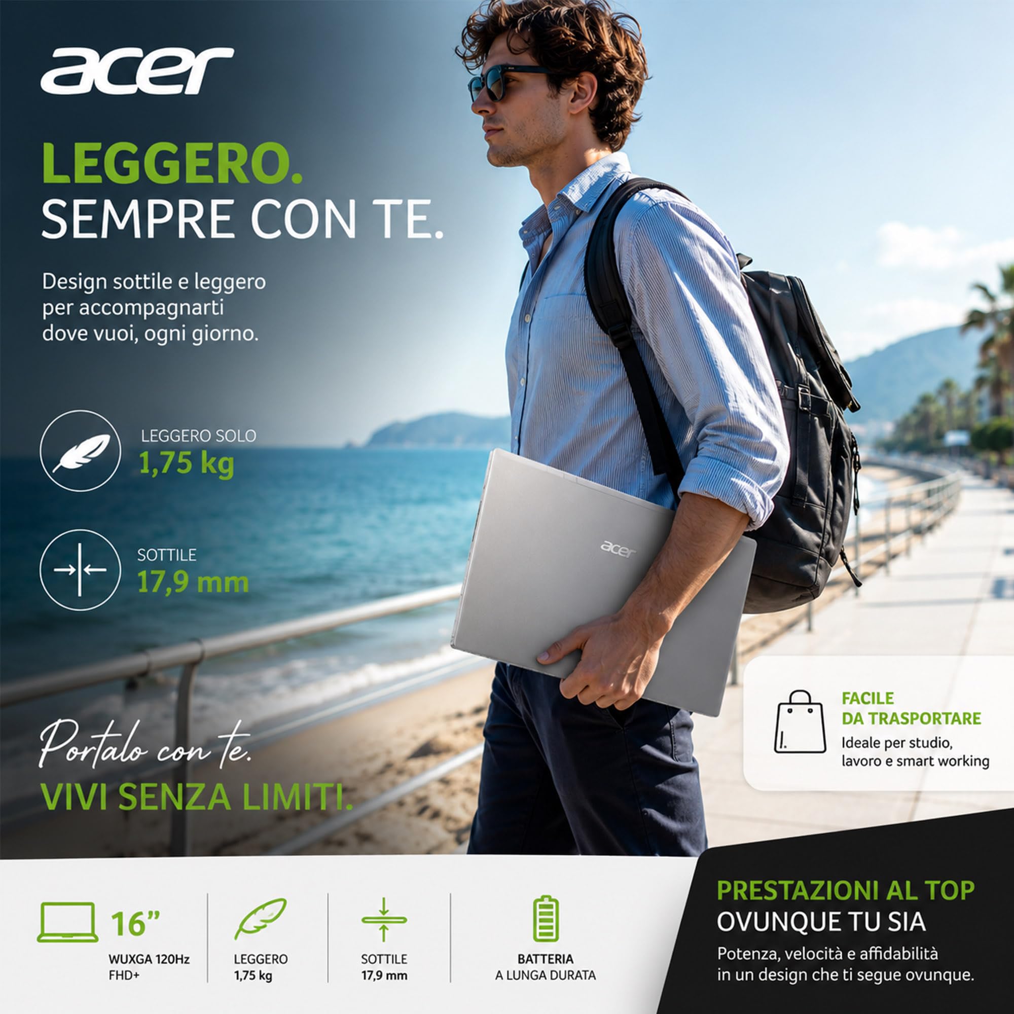 Acer Notebook Intel Core i9 13900H 13Th, RAM DDR5 32GB, SSD PCIe NVMe 1TB | Display 16" WUXGA 120Hz FHD+, 4 USB, Tastiera Retroilluminata, Wi-Fi 6, Display Port, Win 11, Libre Office, Preconfigurato