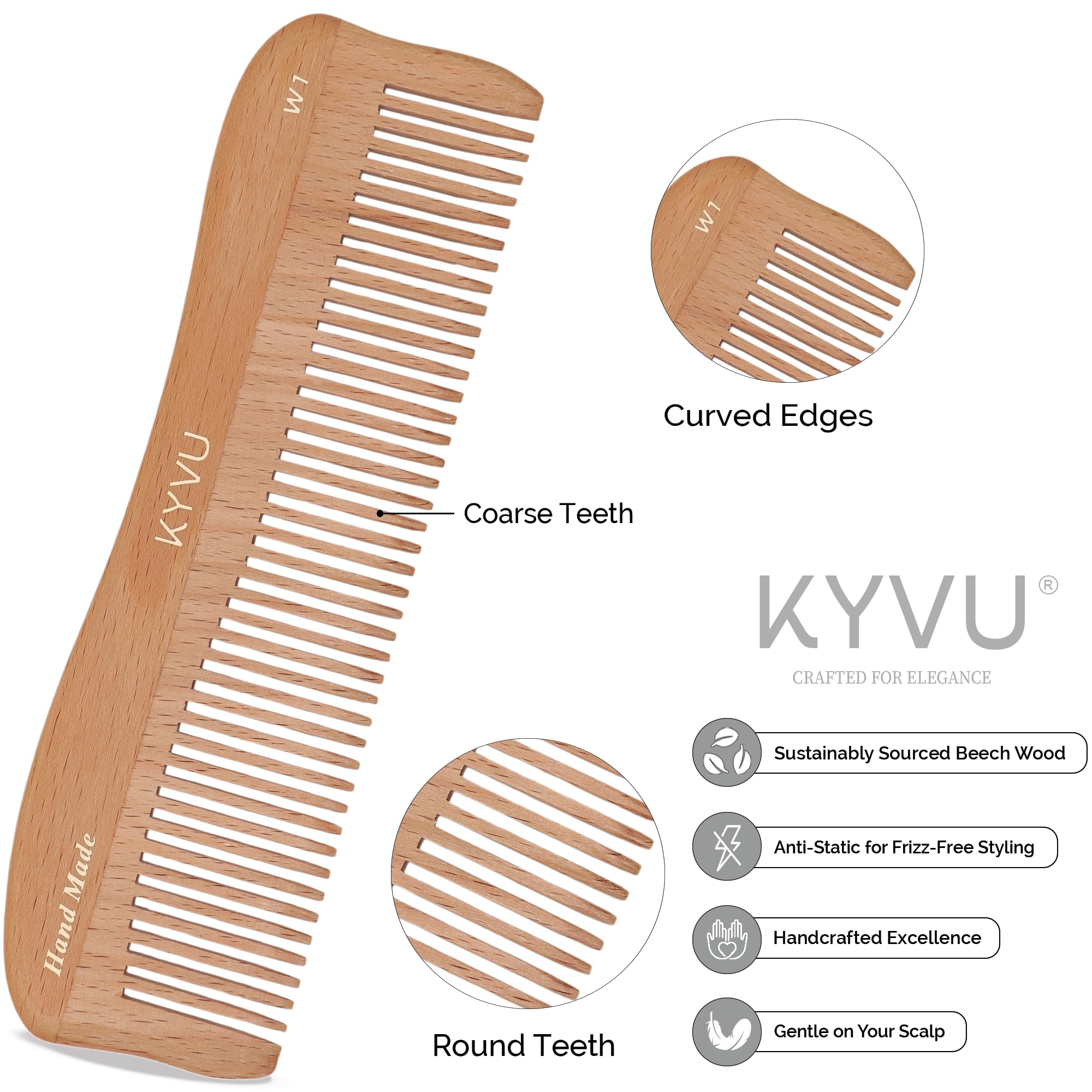 KYVU W1 Handmade 17.1 cm Coarse-Tooth Wooden Comb - Steam Beech, Natural Beech, 17.1 Centimeters - Image 2
