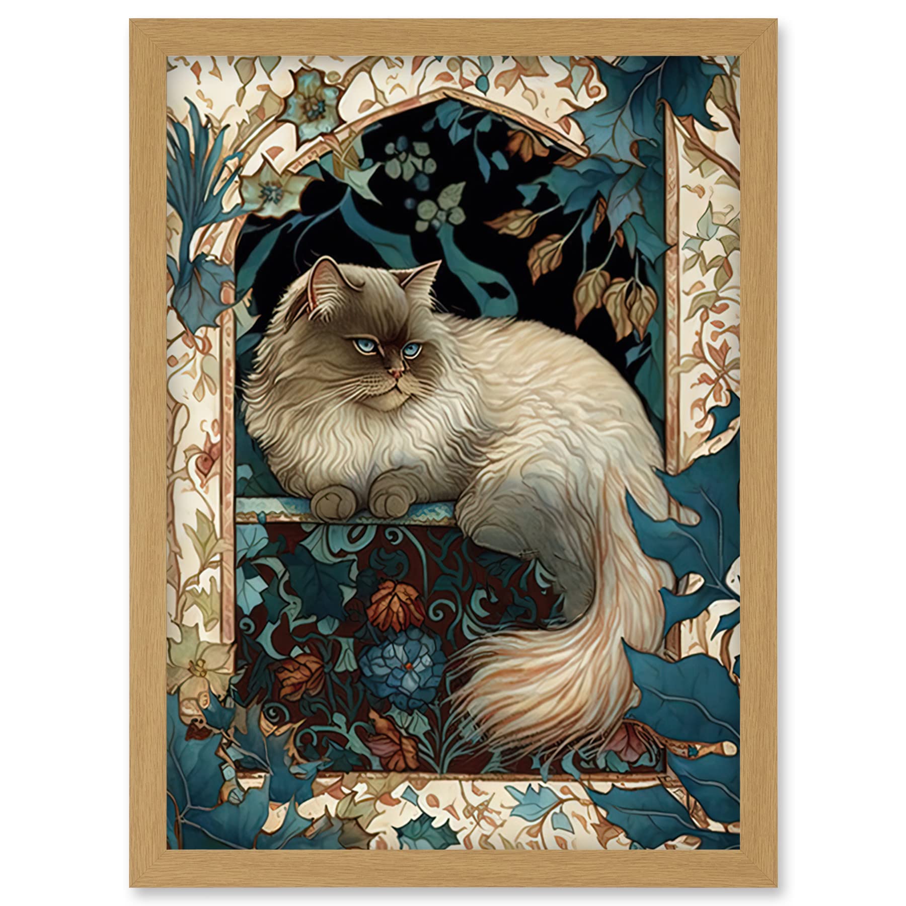 Artery8 Perched Himalayan Persian Cat Modern Art Nouveau Illustration Artwork Framed Wall Art Print A4
