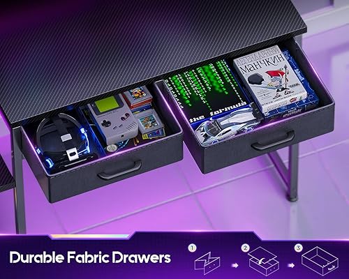 Miniatura 7 de ODK - Escritorio para juegos con luces LED y toma de corriente, escritorio de 55 pulgadas con cajones, escritorio de oficina con estantes de