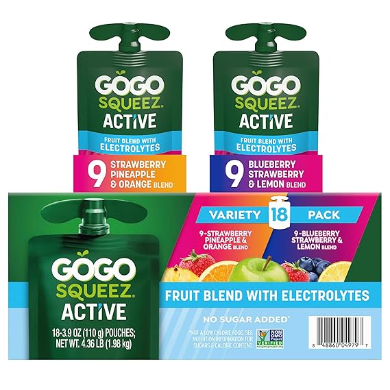 GoGo squeeZ Active Fruit Blend with Electrolytes | 18-Count Variety Pack | Blueberry Strawberry Lemon & Strawberry Pineapple Orange | Made with Real Fruit and Antioxidants Vitamin A, E, & C