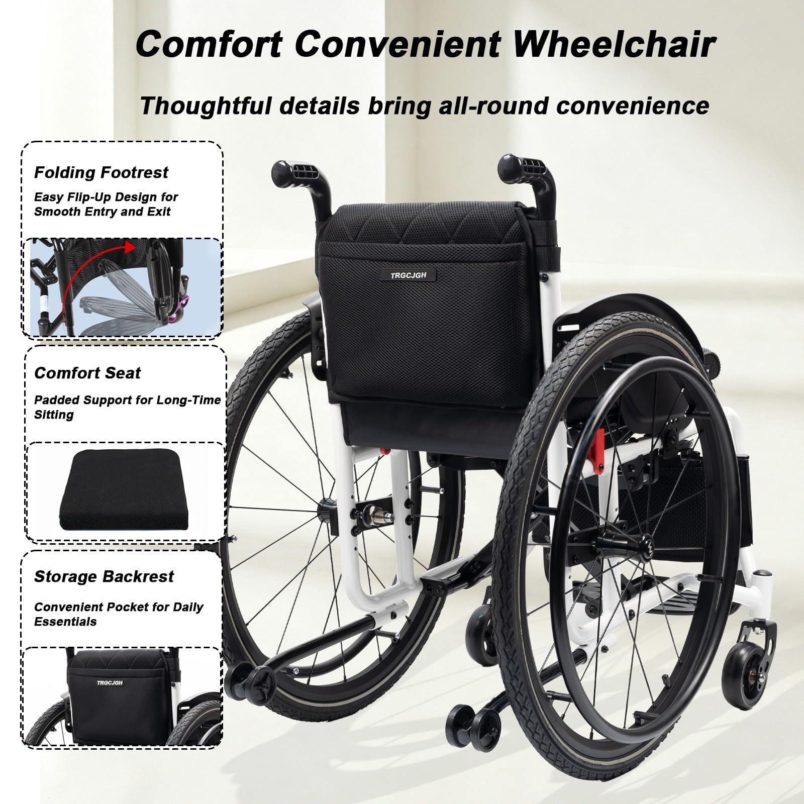 Sedia a Rotelle Pieghevole ad Autospinta, Leggera, Alluminio | Freno manuale, Poggiapiedi pieghevoli, Carrozzina da Transito，per disabili(White,15.7in Seat Width)