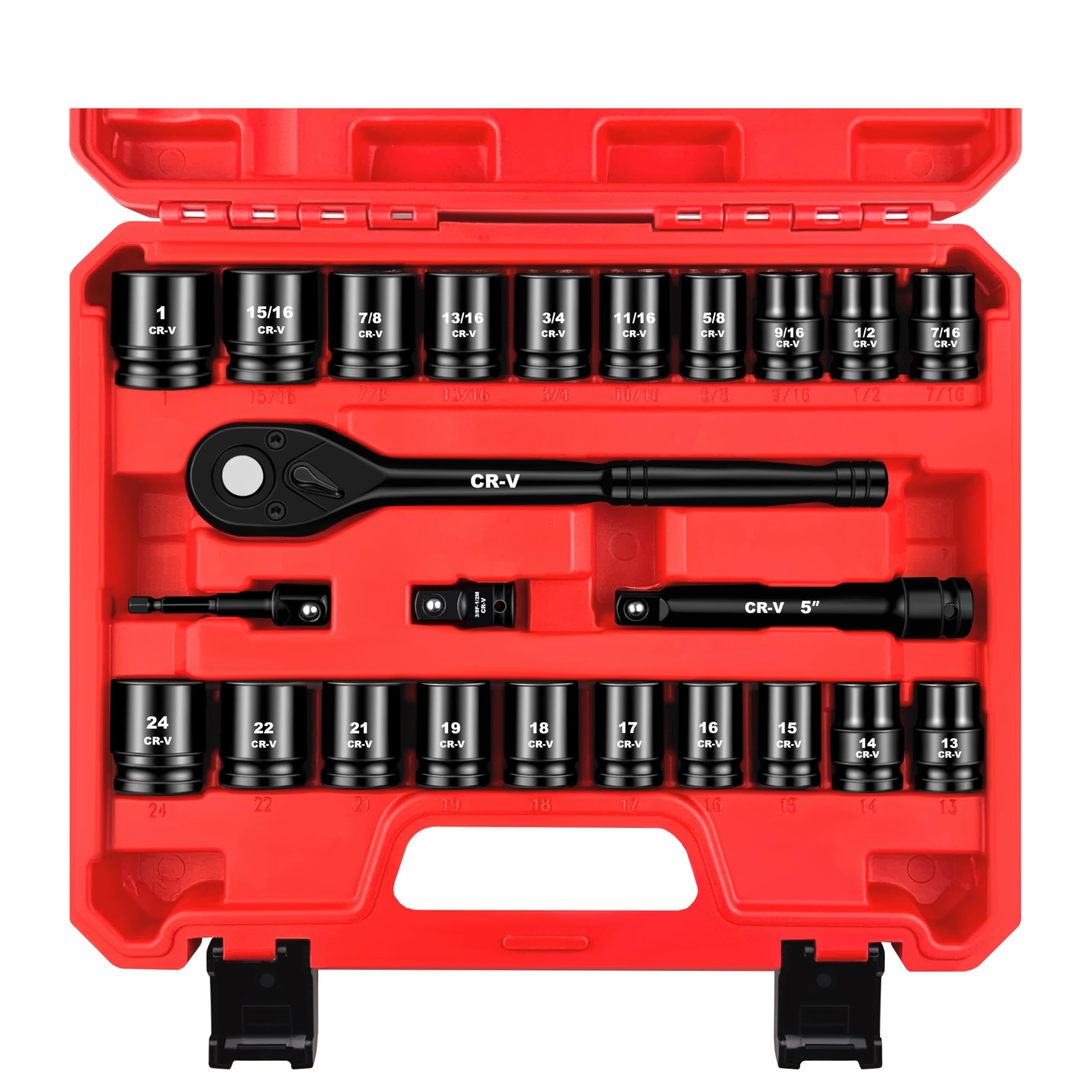 24 Piece 1/2" Drive Impact Socket Set, Shallow Socket Wrench Set, SAE/Metric (7/16"-1", 13mm-24mm), 72 Teeth Quick Release Ratchet Handle, Adapter and Extension Bar
