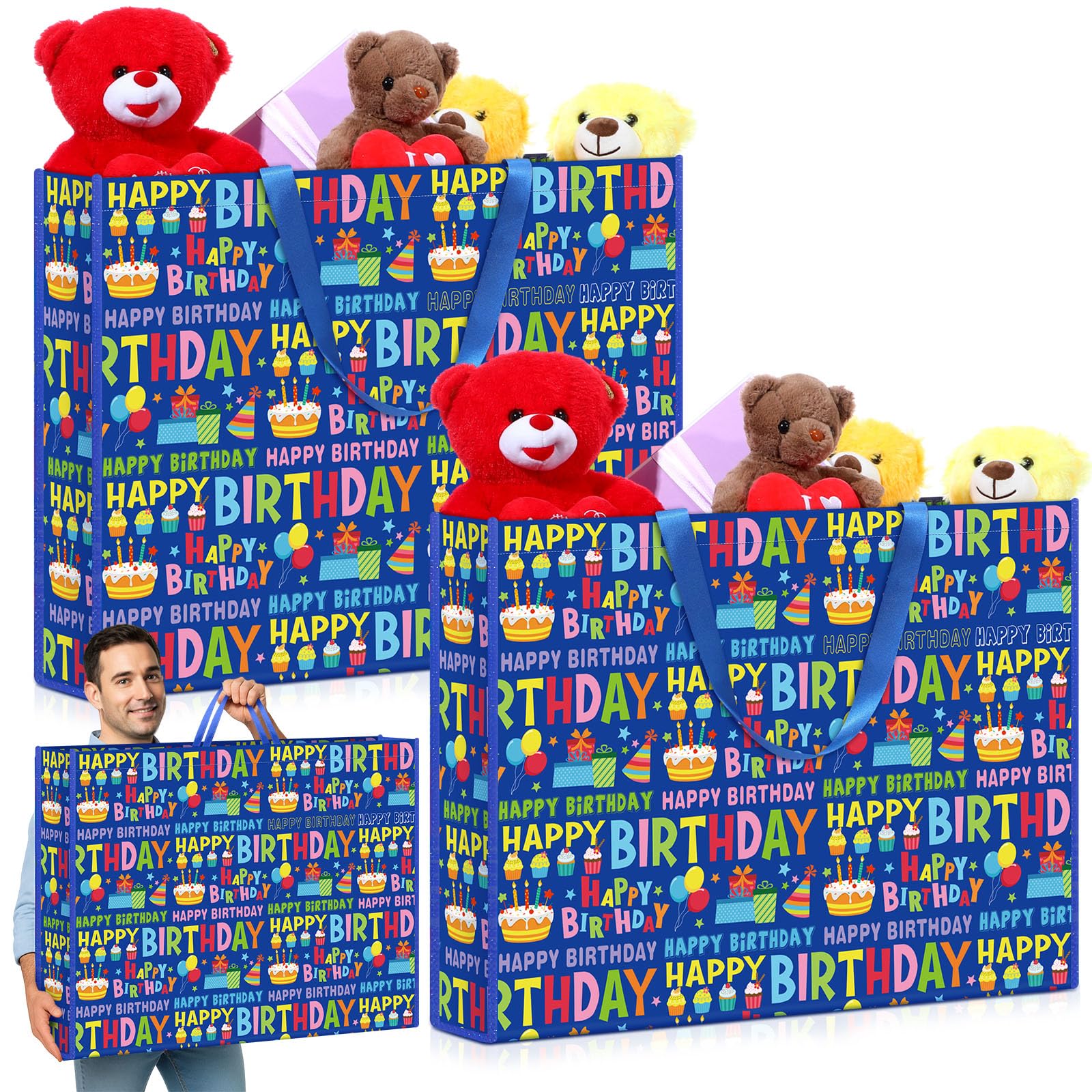 Pickmesh 2 Pcs Extra Large Birthday Bags 31.5x23.6x7.9 Inch Colorful Happy Birthday Gift Bag Oversize Non Woven Fabric Wrapping Pouch for Wedding Baby Shower Party Giant Present Wrap Supplies