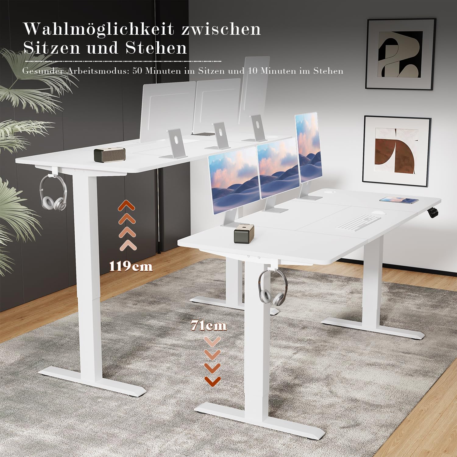 Flamaker Höhenverstellbarer Schreibtisch, Elektrischer Schreibtisch Höhenverstellbar für Steh-Sitz, Computertisch mit Memory-Funktion, Stabiler Tisch Standing Desk, Bürotisch,160 x 70 cm,Weißlich