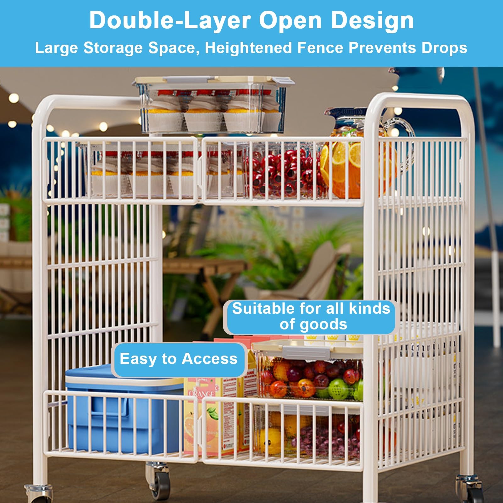 Carrello da Mercato, Tubi Rinforzati con Portata di 30 Kg, Carrello Alimentare Mobile Portatile, con Parapetti Rialzati, Design Aperto a Doppio Strato, per la Vendita All'aperto(Black,L)