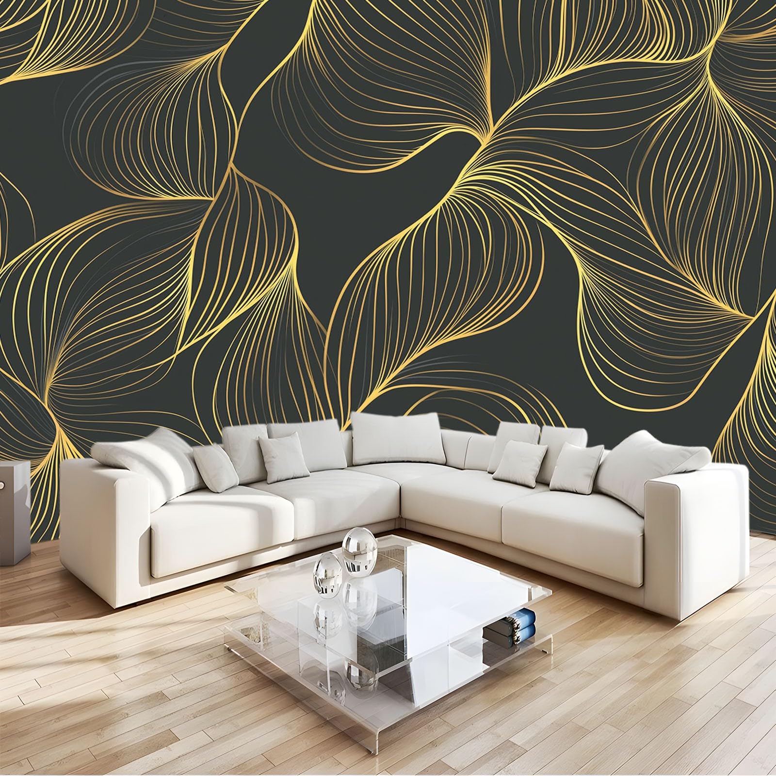 Tapeta 3D, geometryczne, złote rysunki liniowe, 350 x 256 cm, tapeta na flizelinie, tapeta ścienna, druk 3D, fototapety, do salonu, sypialni, tapeta z motywem