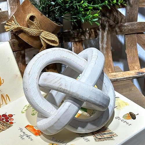 Miniatura 3 de PARISLOFT Decoración de cadena de madera blanca tallada a mano Adorno de nudo rústico de granja de 3 eslabones Mesa de café, estante, bandeja