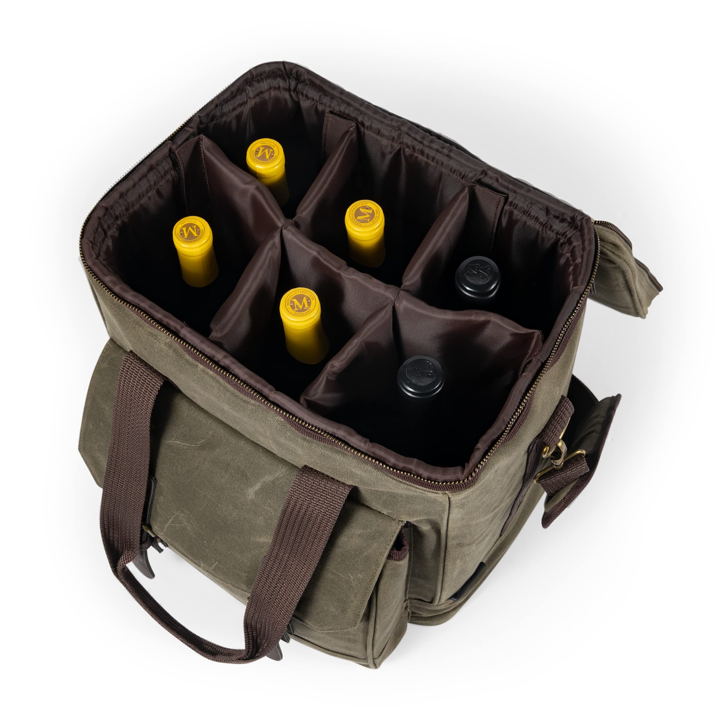 Legacy - a Picnic Time Brand - Bolsa de Vino aislada de Lona Encerada Envejecida para 6 Botellas, Bolsa de Vino Suave y Fresca, Bolsa de Picnic para Vino, (Verde Caqui)