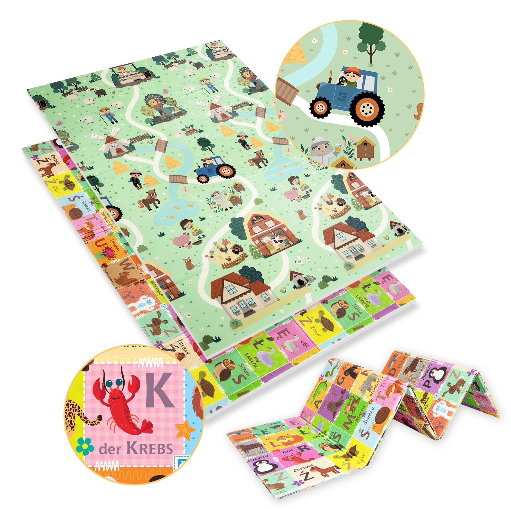 HUMBI Alfombra de juego 120 x 180 cm con alfabeto alemán para niños, doble cara, plegable, grande, diseño de granja, pueblo/letras, ideal como regalo