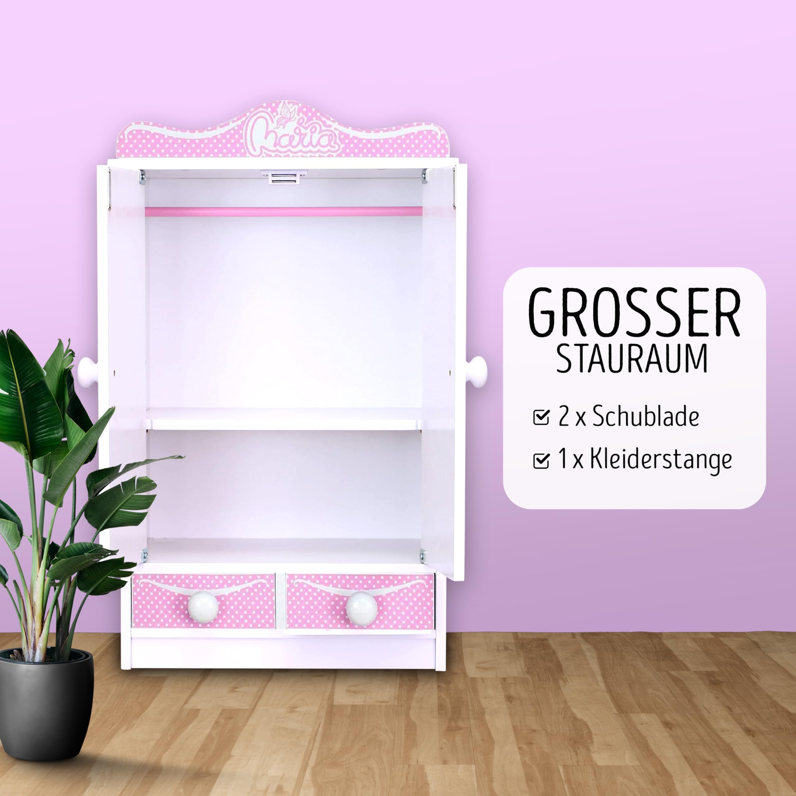 habeig XXL Kinderschrank Kleiderschrank 52 cm hoch Wandschrank Hängeschrank weiß 2 Türen Puppenschrank (Pink/Weiss 822)