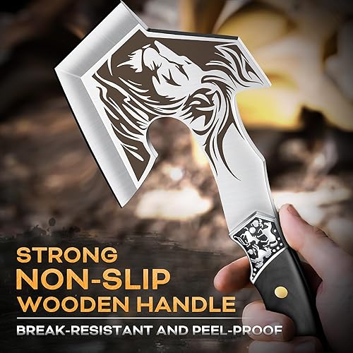 Miniatura 4 de Grumpy Bear Hacha de camping con talla de león, hacha de espiga completa para exteriores con mango decorativo, hoja forjada duradera para