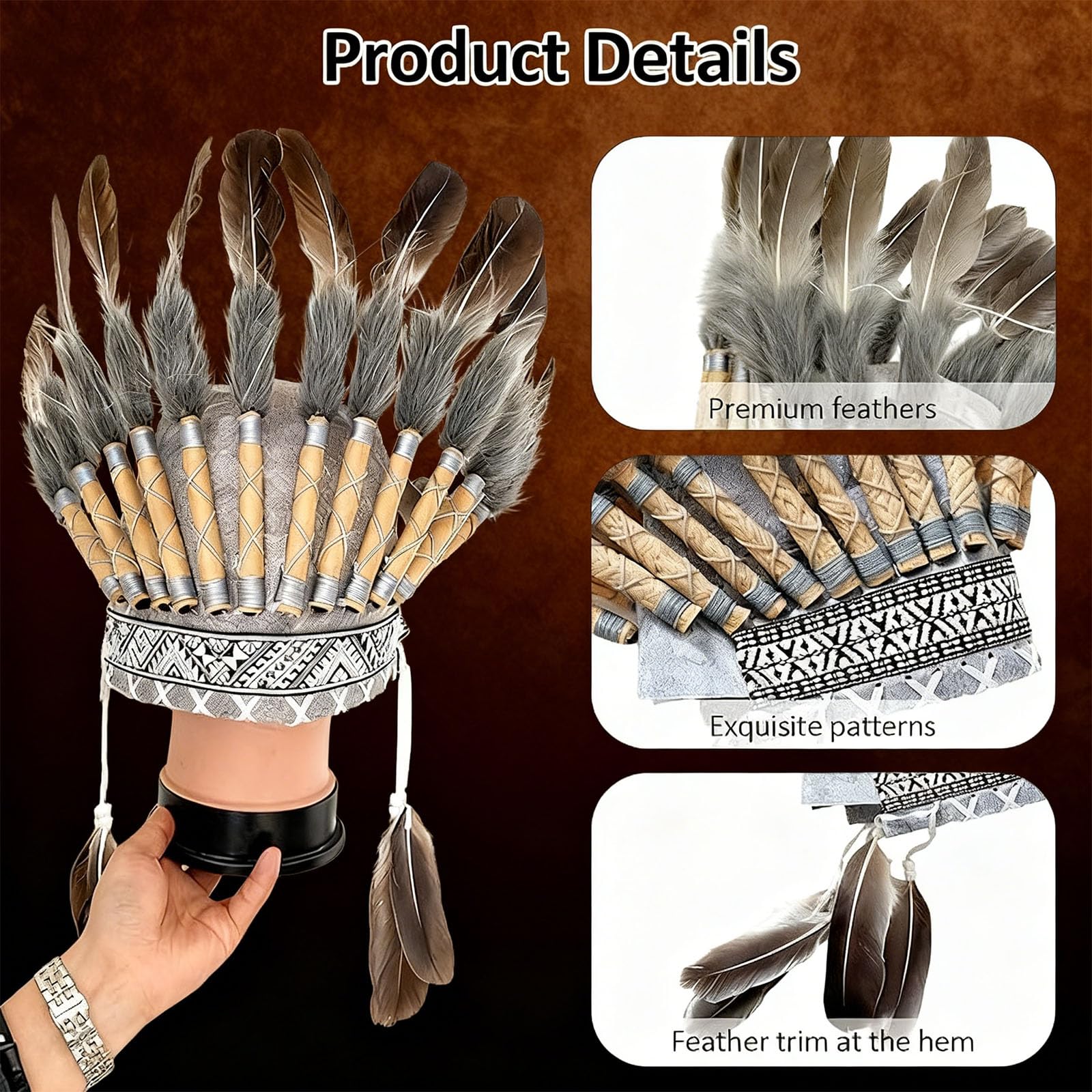 Copricapo indiano unisex per adulti, in stile indiano, con piume, di ispirazione americana, copricapo con piume, per feste, carnevale, accessori fotografici