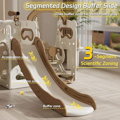 Miniatura 2 de Tobogán, columpio y tobogán para niños pequeños de 1 a 3 años con aro de baloncesto, telescopio para interiores y exteriores, patio de juegos Café