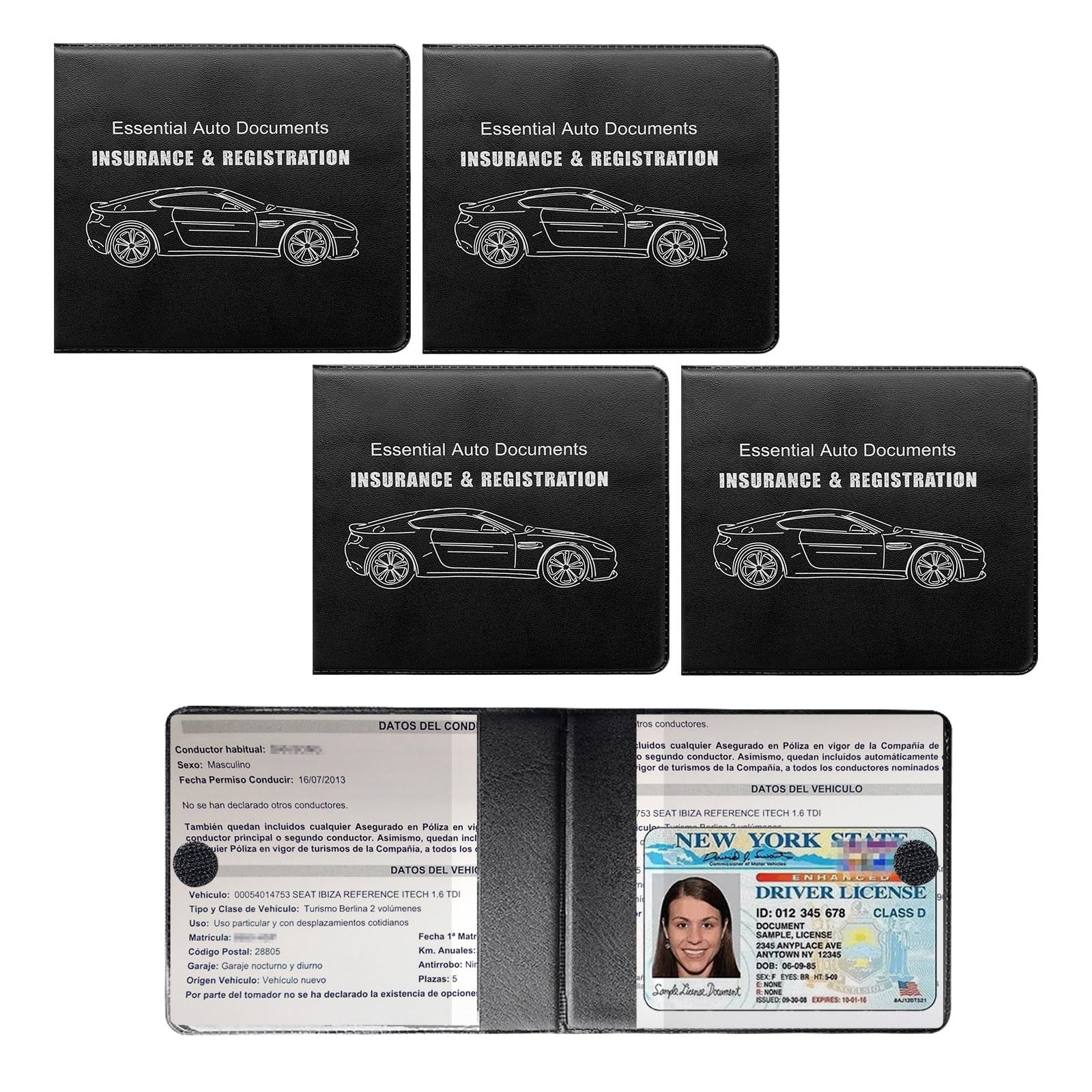 4 soportes para registro de automóvil y seguro, organizadores de guantera de vehículo con cierre para documento de licencia, soporte para cartera de papeleo esencial para automóvil, accesorios