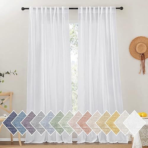 NICETOWN Cortinas de lino transparente blanco para privacidad, bolsillo para barra y pestaña trasera, semitransparentes, elegantes cortinas