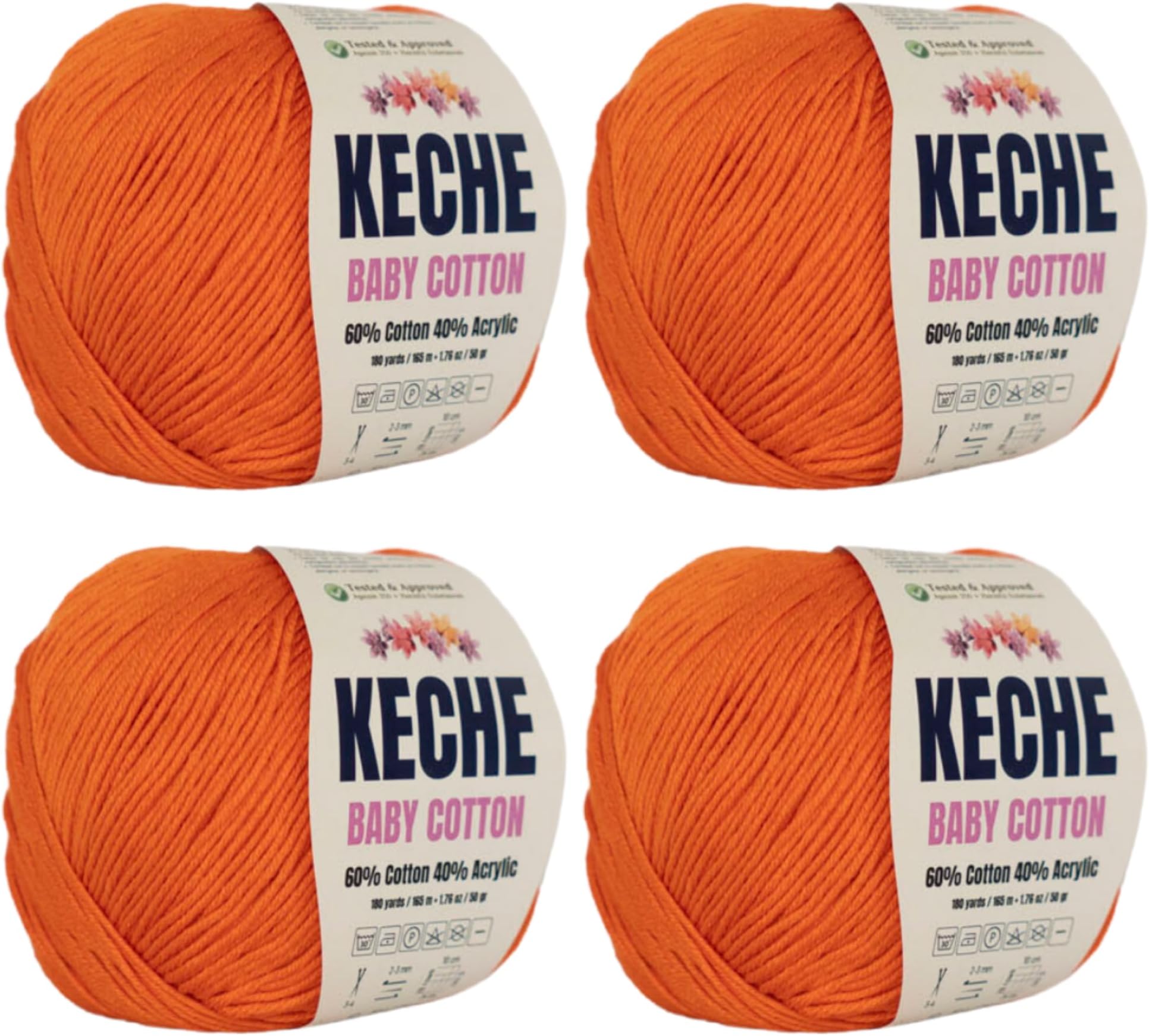 Keche Cotton Yarn, 60% Cotton 40% Acrylic Yarn, Soft Cotton Yarn for Crochet and Knitting, Amigurumi Yarn 4 Skeins/Balls [1.76 Oz (50g) / 180 Yrds (165m)] x 4 - Orange