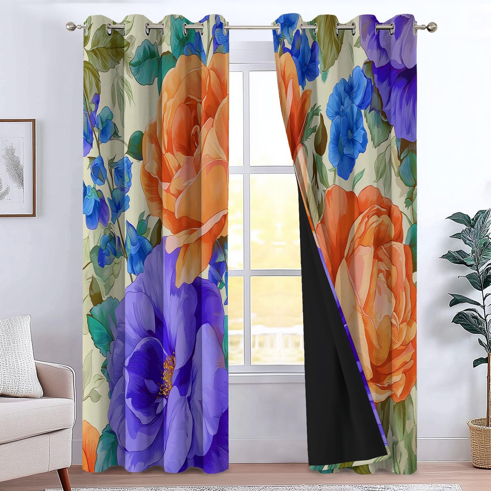 Kinderzimmer Vorhänge Retro Floral Verdunkelungsvorhang Blickdicht mit Ösen, Hellviolett Druck Dekoration Gardinen - für Jungen & Mädchen 140 x 245 cm (2er Set)