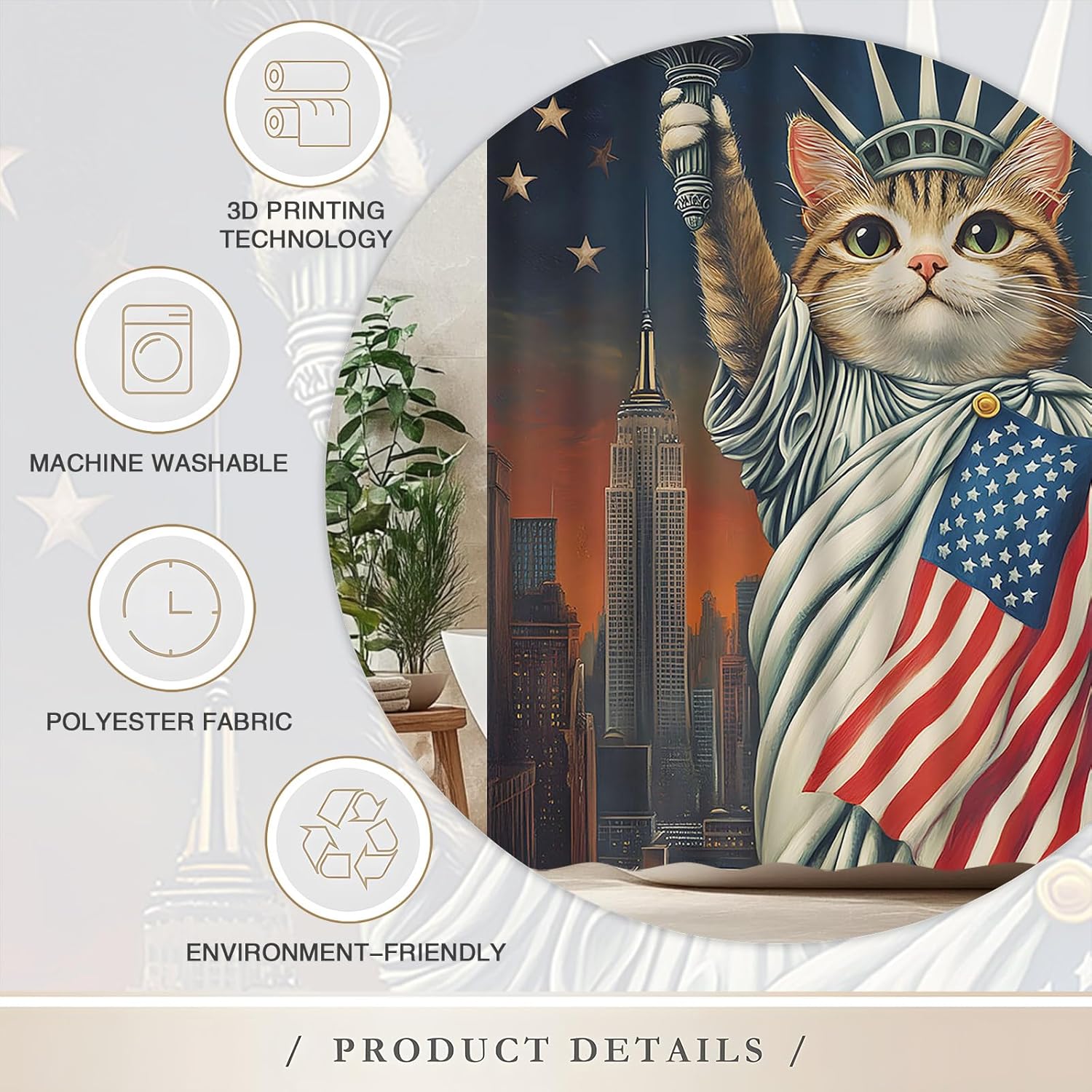 Independence Day Shower Curtain Funny Cat 4th of July American Flag Red Blue Stars and Stripes Patriots USA Cities at Night Vintage Fashion Fabric Bathroom Decor Set with Hooks