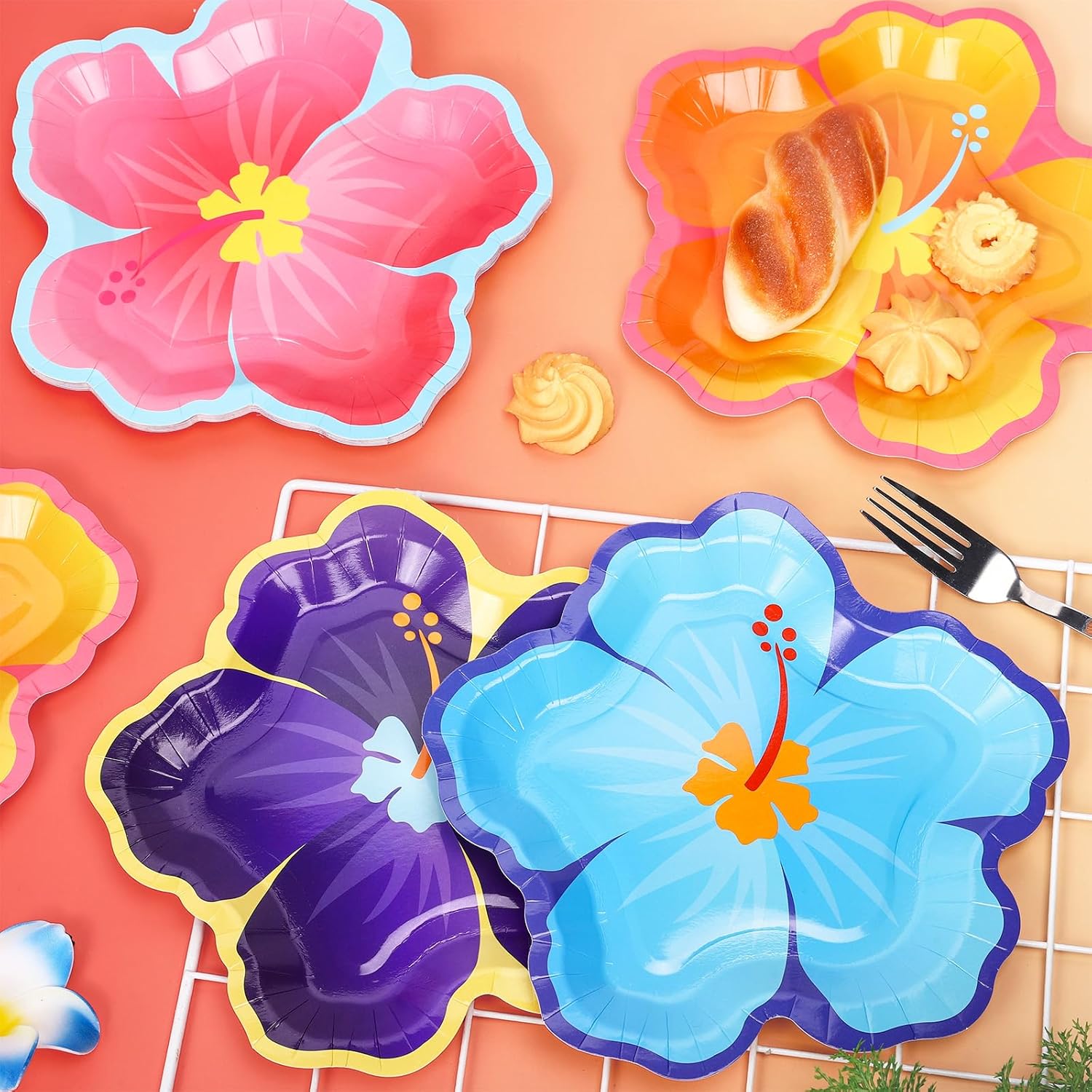 40 Pcs Hibiscus Floral Paper Plates Colored Hawaiian Flower Shape Disposable Plates 9 Inch Summer Party Tableware for Tropical Luau Holiday Table Decor Supplies - Image 3