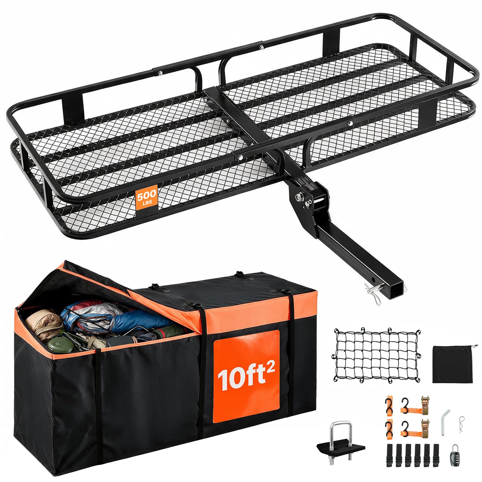 VEVOR 60" x 24" x 14", Hitch Cargo Carrier, 500 lbs Capacity Hitch Cargo Carrier with Cargo Net &amp; Waterproof Cargo Bag, Folding Hitch Mount Cargo Carrier with Reflective Reminder, Fit for SUVs