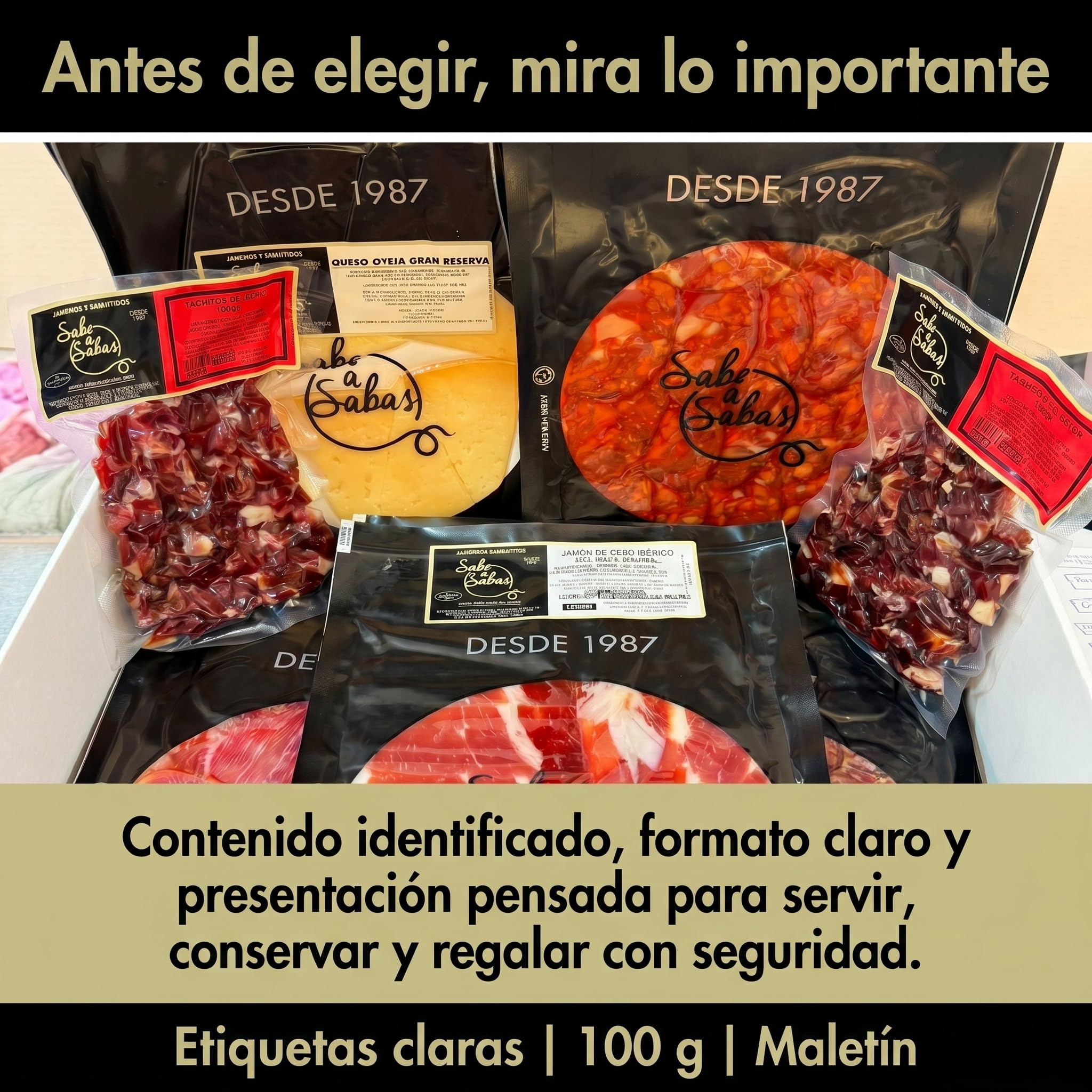 SABE A SABAS Cesta de ibéricos 4 sobre de jamón ibérico 4 de salchichón 4 de chorizo 4 de lomo 2 sobre de taquito iberico 4 sobres cortados a tapitas queso Curado de Oveja todos de 100 gr
