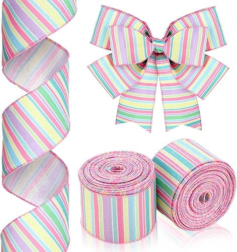 2 rollos de cinta de Pascua con alambre de 20 yardas, cinta de borde con cable de resorte, cinta de rayas horizontales, cinta de lona a rayas