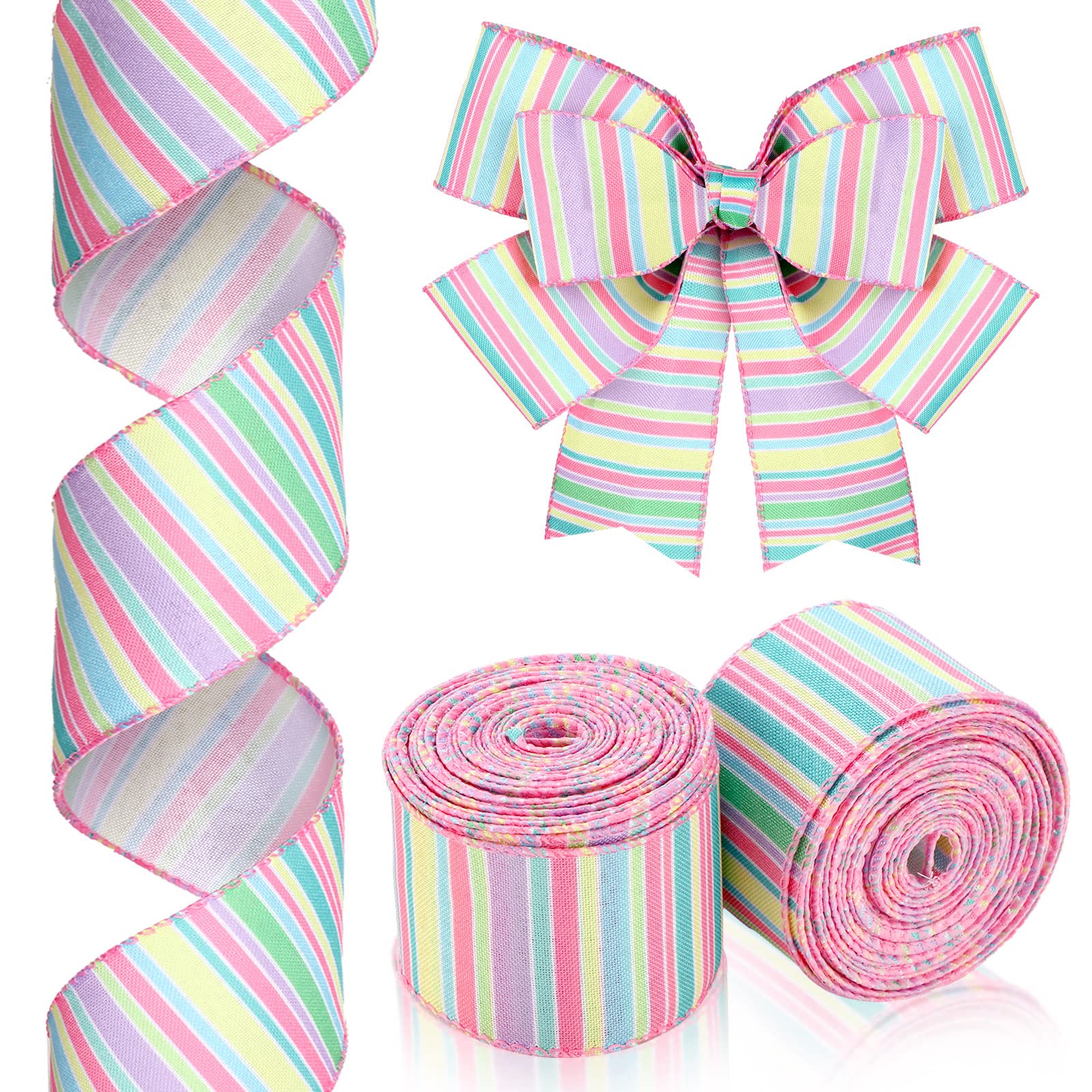 Cindeer 2 Rolls 20 Yards Easter Pastel Wired Ribbon Spring Wired Edge Ribbon Horizontal Stripe Ribbon Canvas Ribbon Pink Decorative Colorful Ribbon for Christmas Party Wrapping Craft(2 Inch)