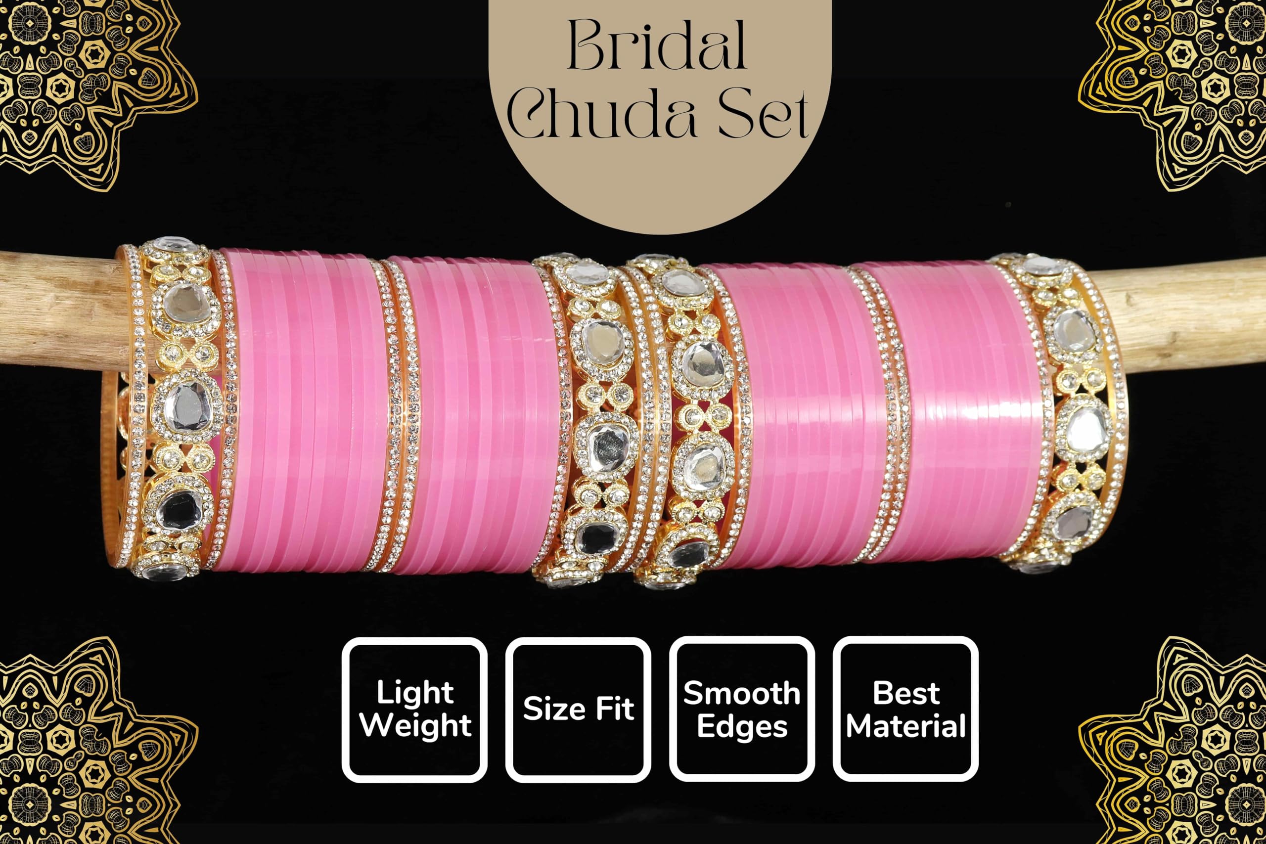 LAVAZZA Traditional Golden Metal Zircon Stone & Kundan Acrylic Bangles Chuda Set For Bridal Women & Girls | Chuda Set Pink For Bridal | Chudi Set for Women -(ChudaSet-2-Pink-2.6), Set of 64 3