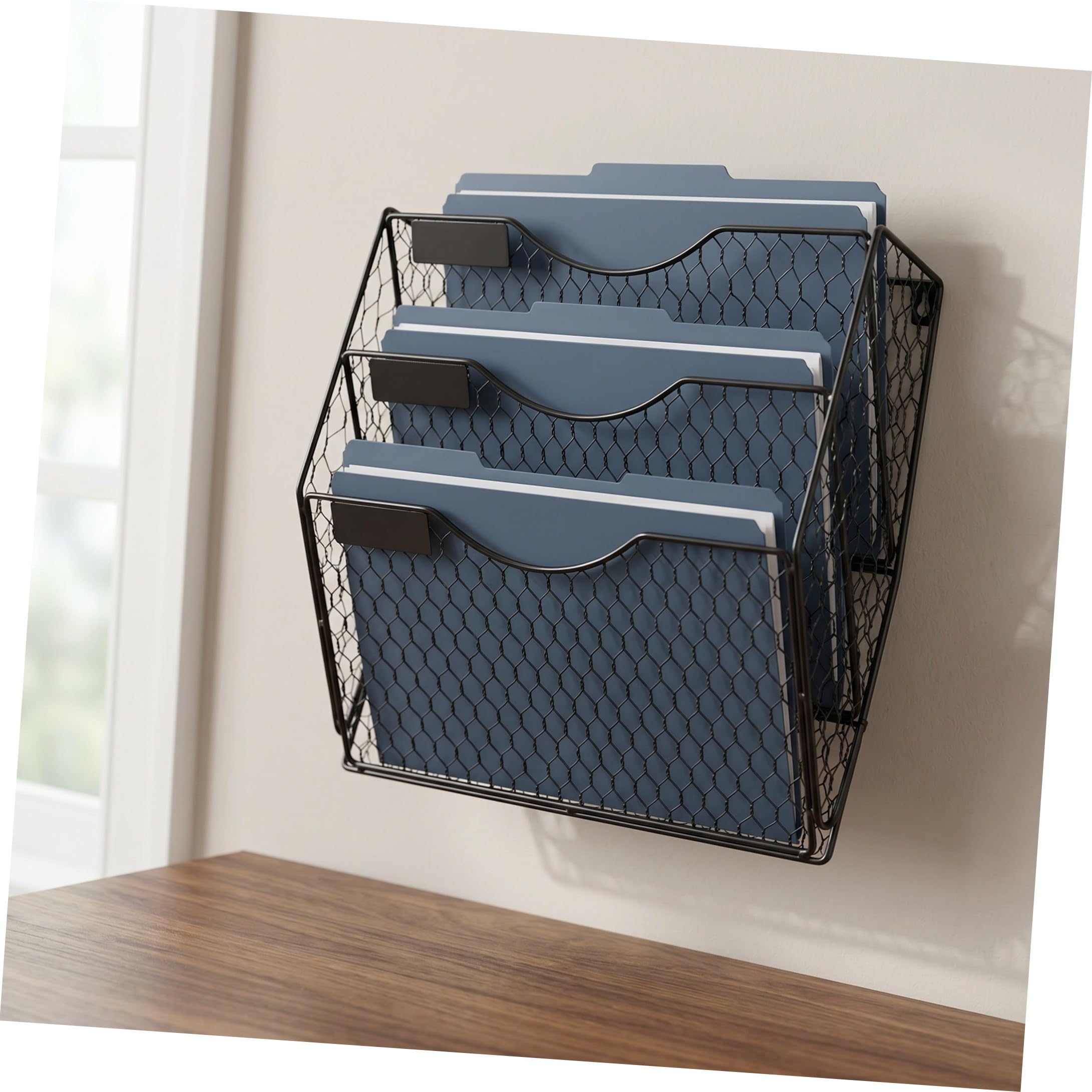 VILLCASE Organizador de Archivos de Pared Negro de Metal 3 Compartimentos y Diseño Moderno para Oficina y Escuela, Ahorra Espacio y Mantiene Documentos Ordenados