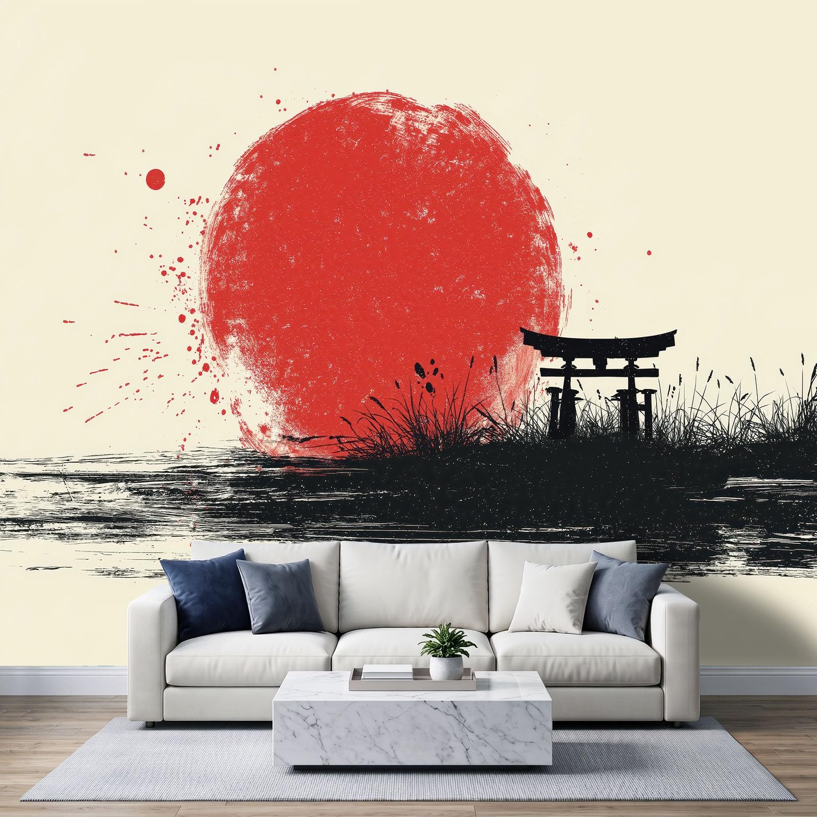 Tradycyjna orientalna tapeta 500L x 280H cm, japońska architektura słońce czerwone paski obraz ścienny sztuka do salonu sypialnia biuro, dekoracja czerwona fototapeta panoramiczna tapeta