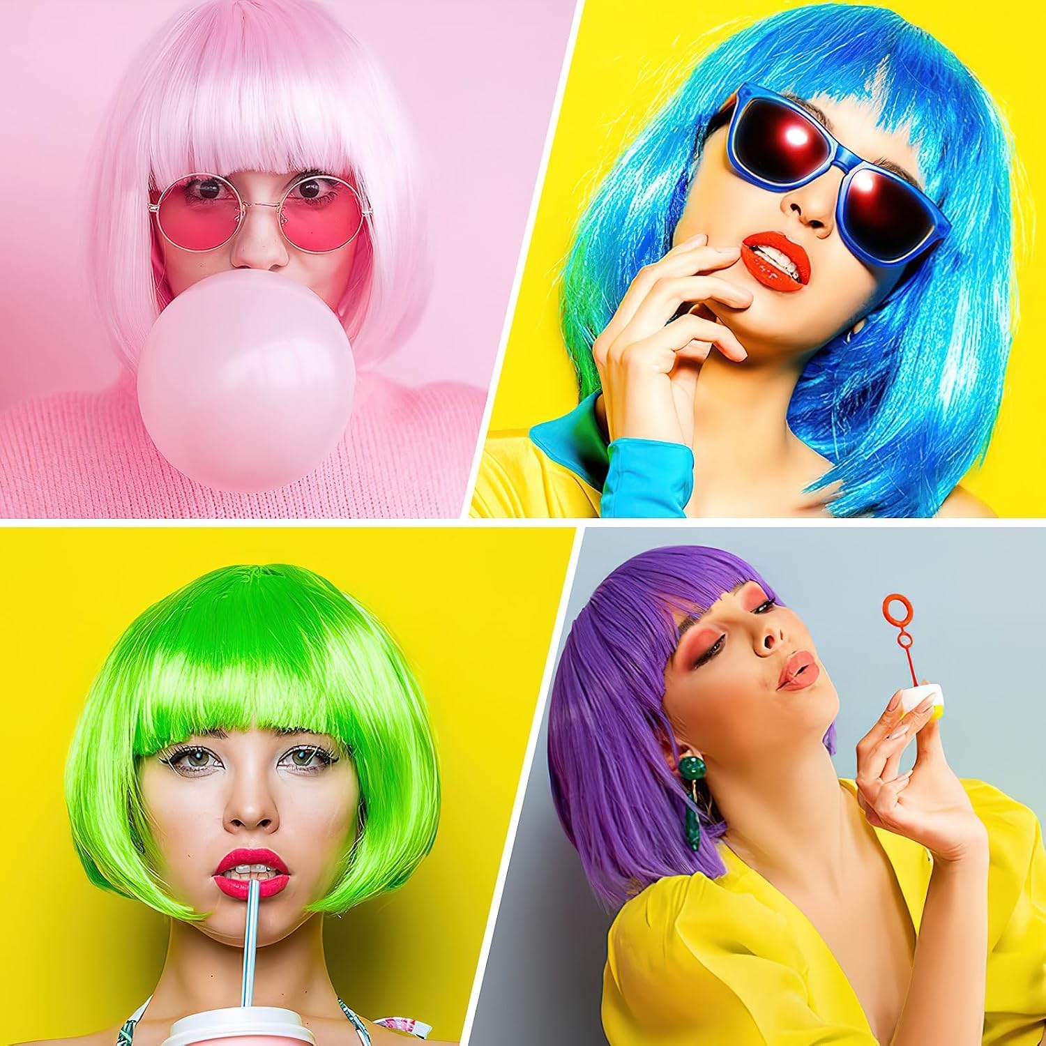 Set di 14 parrucche e occhiali da sole, capelli corti con retina per capelli, per addio al celibato, feste al neon