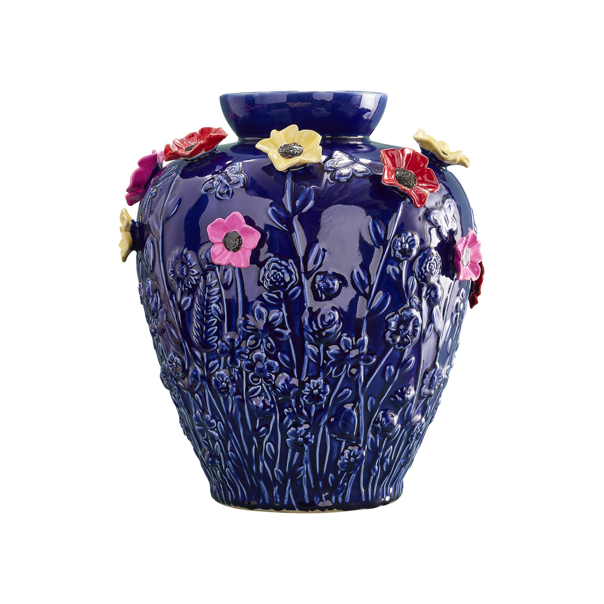 Design Vase Primavera Blau – Statement Deko mit Blumen, handbemalt, 37x35x35 cm (H/B/T)