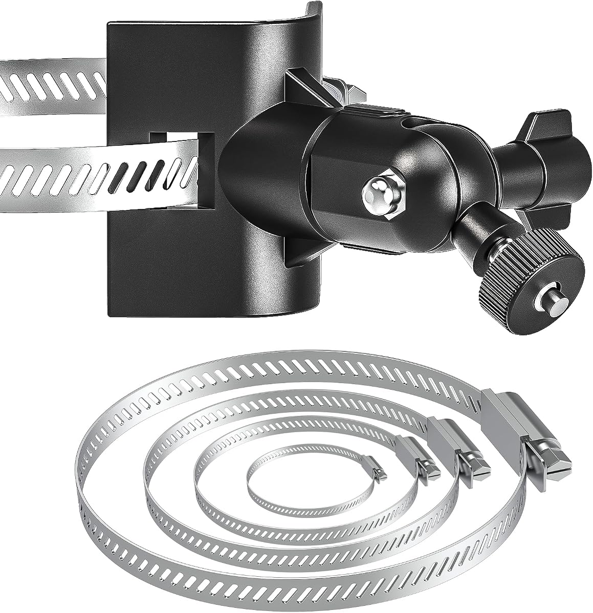 Soporte de montaje universal ajustable de acero inoxidable para cámara de seguridad exterior, abrazadera de manguera de aro de 360 grados, montaje en postes de tubería, orificios sin taladro, compatible con Reolink/Nest/Arlo/Eufy/Wyze y otras cámaras (negro)