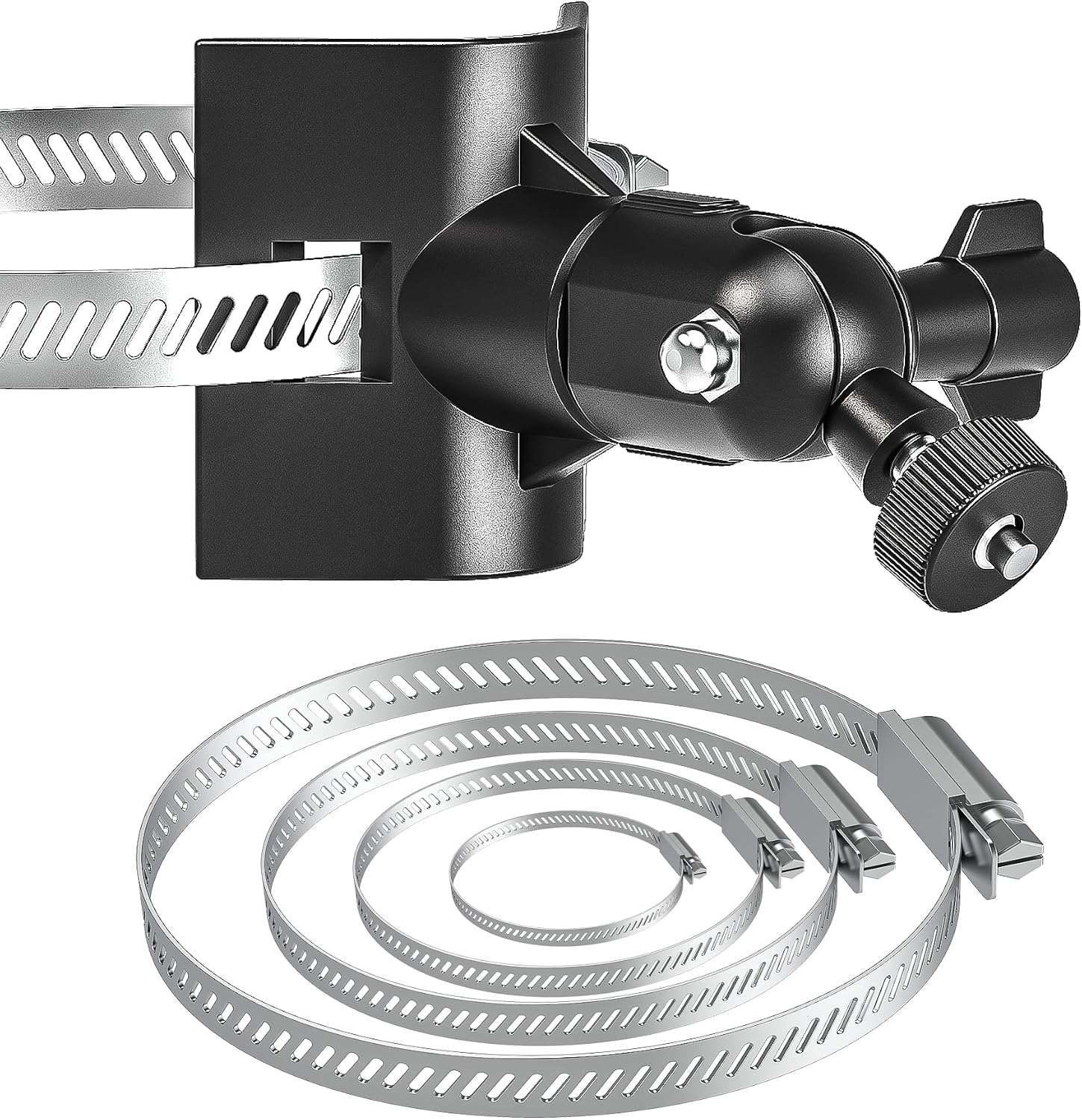 Universal Adjustable Stainless Mount Bracket Outdoor Security Camera 360 Degree Hoop Hose Clamp Pipe Poles Mount No-Drill Holes Compatible with Reolink/Nest/Arlo/Eufy/Wyze and Other Camera (Black)