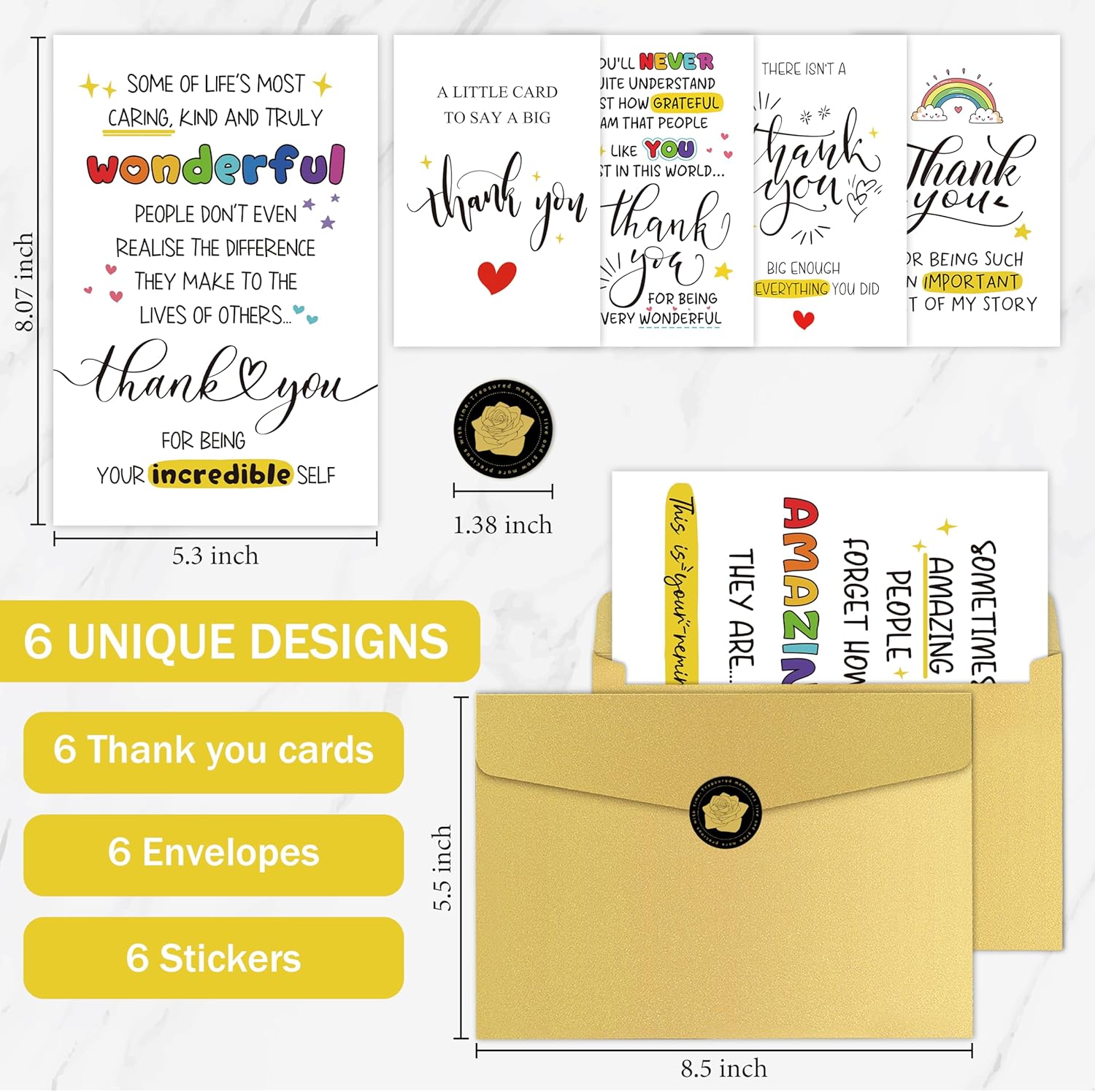 6 Pcs Thank you Cards with Envelope, 8 x 5.3 Inches, Appreciation Card for Men Women, Lovely Thank You Gifts Card for Friend, Coworker, Teacher - Image 2