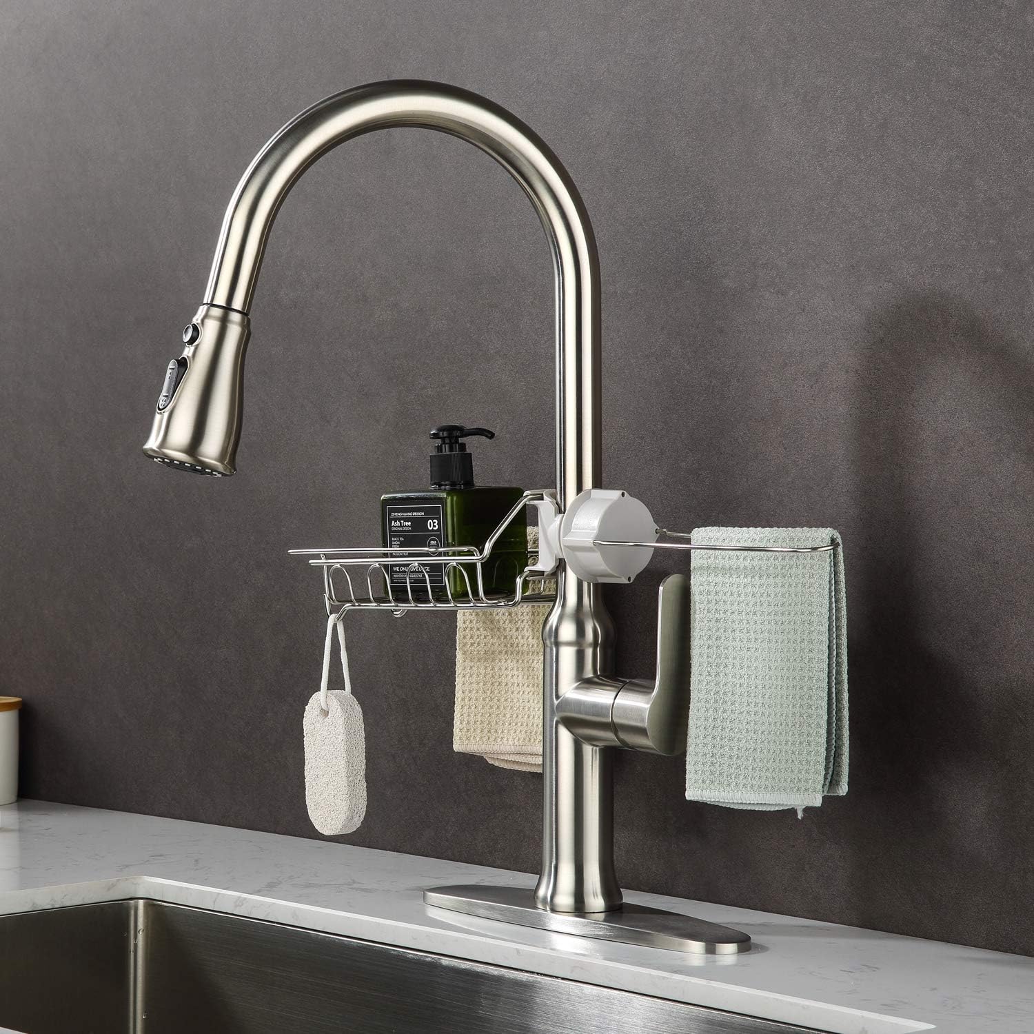 GUSITE Brushed Nickel Kitchen Sink Faucet with Pull Down Sprayer, SUS304 Stainless Steel High Arc Single Handle Pull Out Kitchen Faucet with Deck Plate and Sponge Towel Holder Basket Rack (Style A)