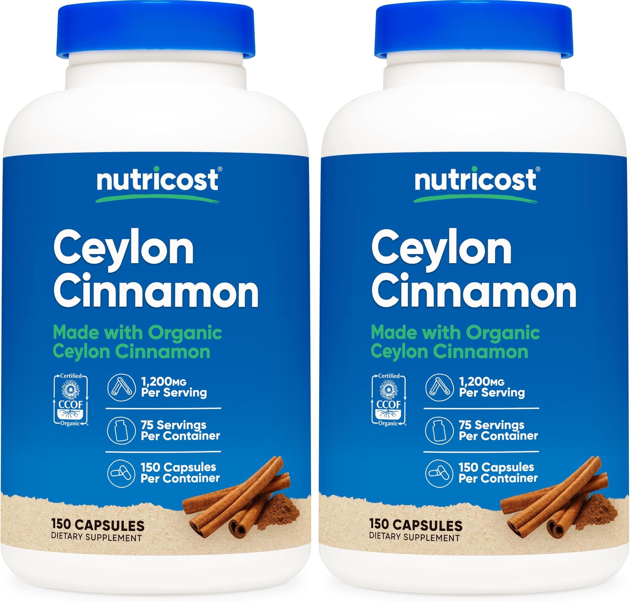 Nutricost Organic Cinnamon (Ceylon Cinnamon) 1,200mg Serving, 150 Capsules - Gluten Free, Non-GMO (Pack of 2) 150 Count (Pack of 2)