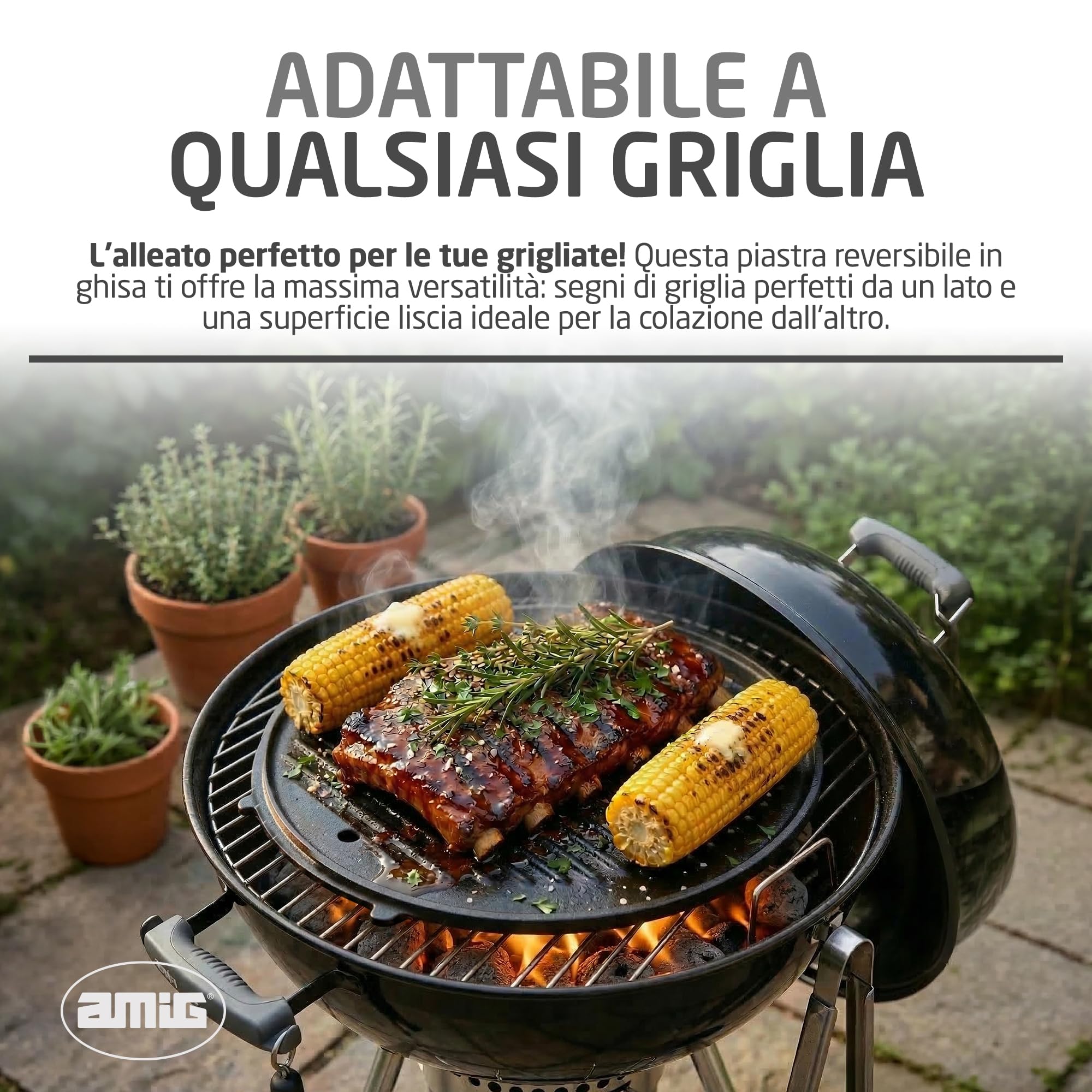 Amig - Piatto in Ghisa - Ø31 cm - Distribuzione Uniforme del Calore e Alta Resistenza - Per Barbecue a Carbone o Gas - Mod. AM37