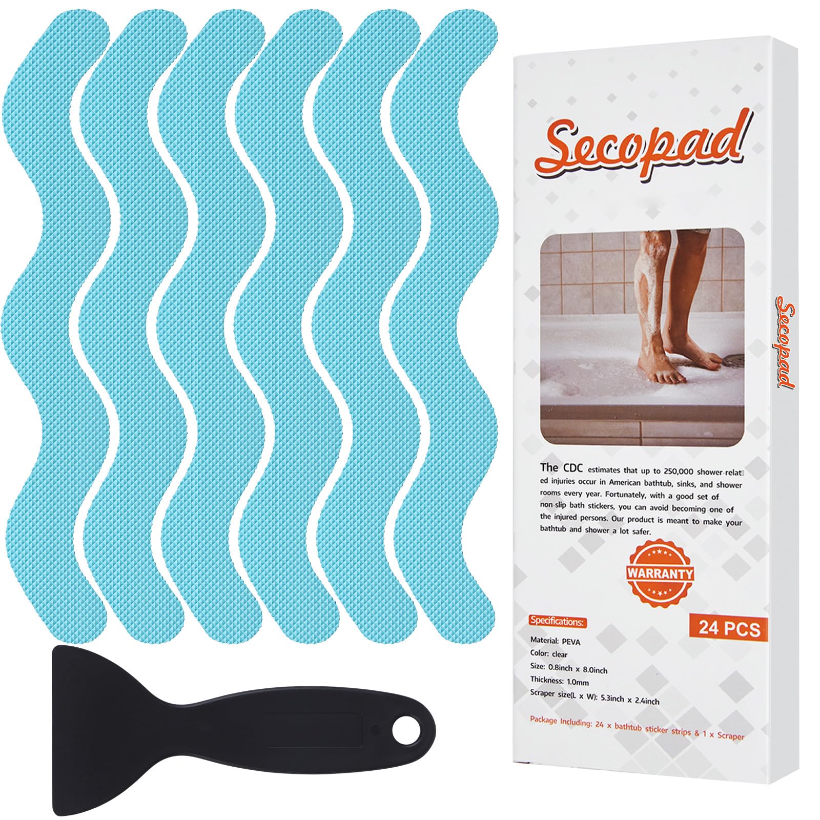 Secopad Anti Slip Shower Stickers, Adhesive Decals Safety Strips with Scraper for Bath Tub, Shower Floor, Stairs, 24 Pieces (Blue)