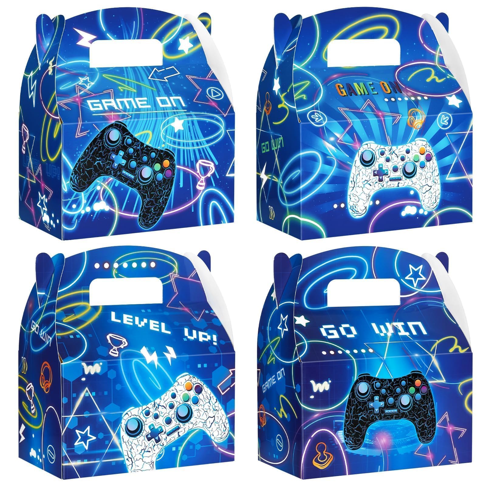 Game Party Boxes - 12PCS Gaming Birthday Decorations for Kids Boys Blue Video Game Goodie Bags Treat Gifts Boxes Gamer On Level Up Birthday Party Supplies for Baby Shower Anniversary Parties