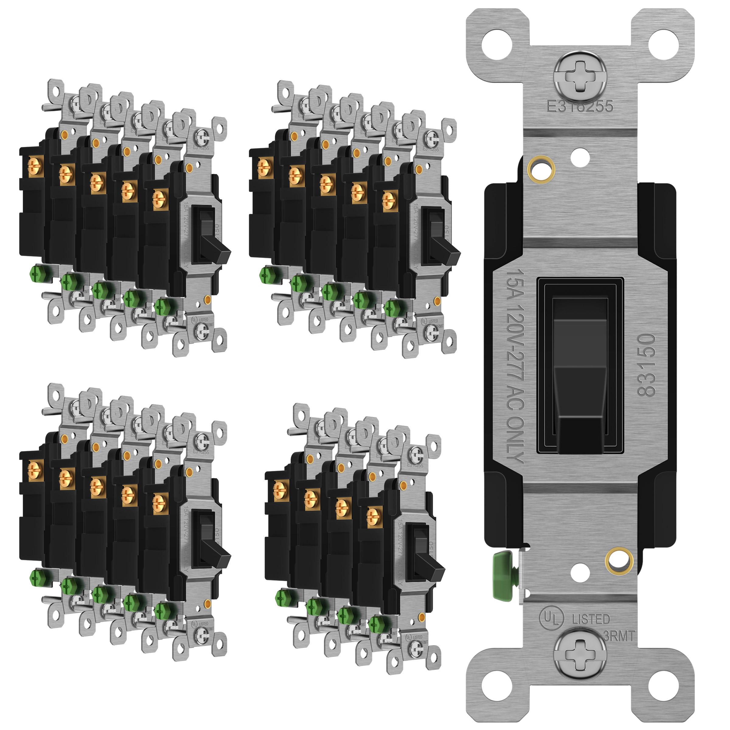 ENERLITES Black Toggle Light Switch, 3-Way or Single Pole, 15A 120-277V, Grounding Screw, Residential Grade, UL Listed, 83150-BK-20PCS, 20 Pack