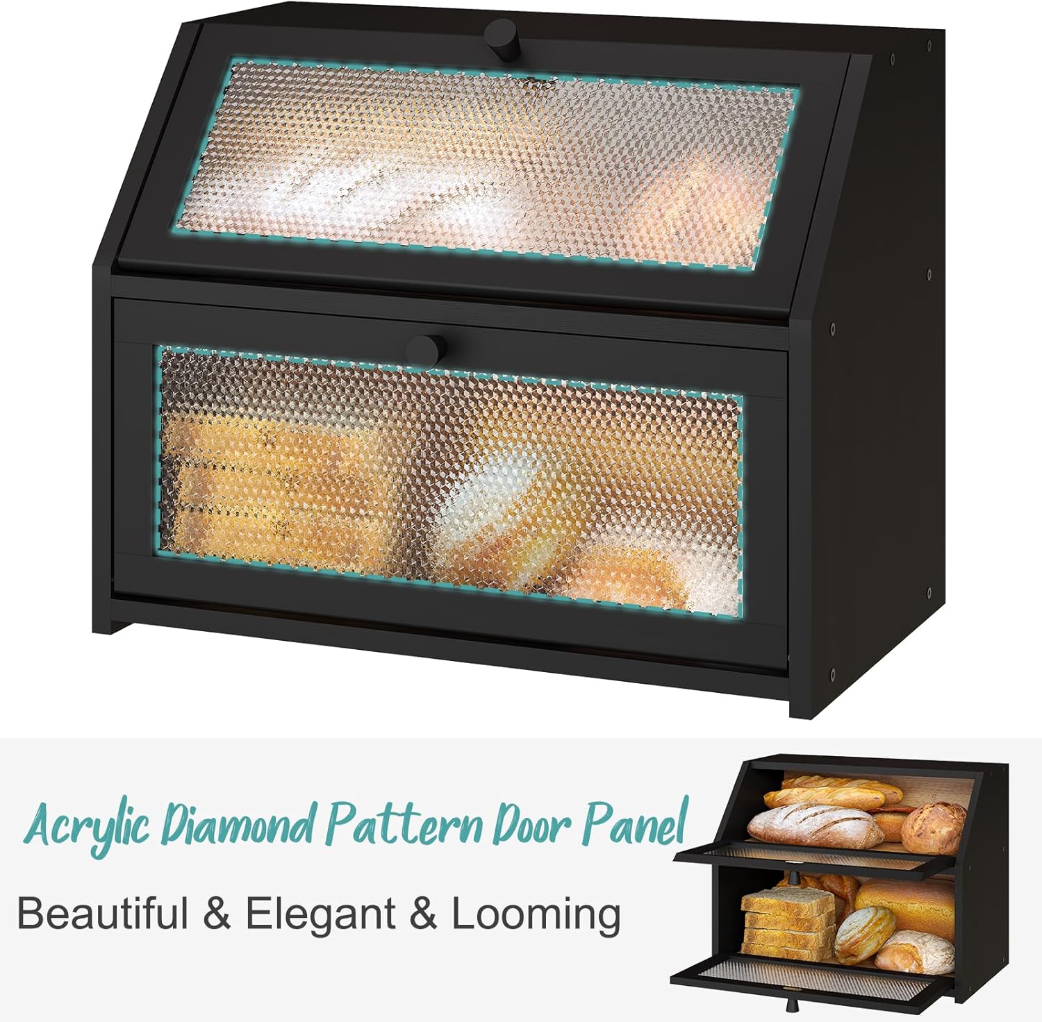 Large Bread Box, Bamboo Wood Bread Box for Kitchen Counter, Double-layer Bread Storage Bin, Acrylic glass with Diamond Patterns (Black)