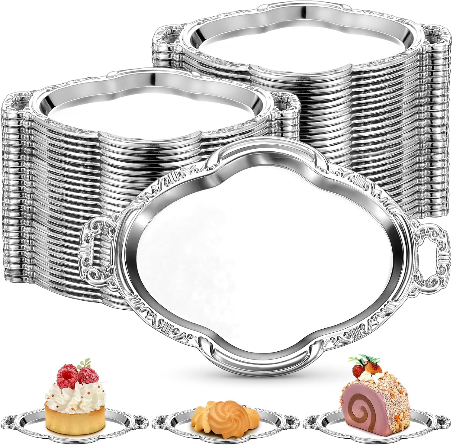 50 Pcs Oval Mini Baroque Dessert Display Tray Mini Elegant Plastic Serving Tray Small Cake Candy Plates for Weddings Party Bridal Baby Shower, Birthday, Candy Jars Decorations (Gold)